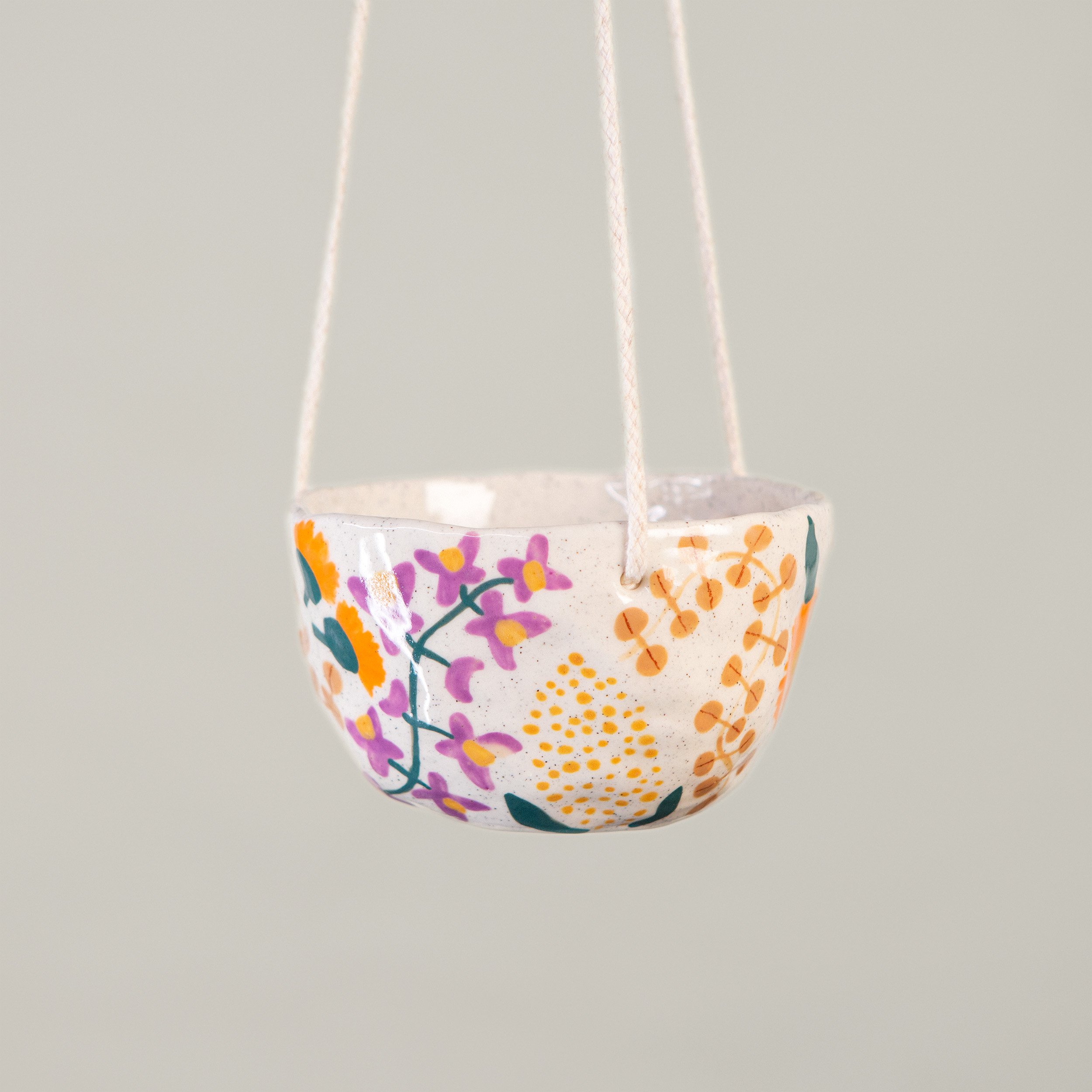 Ceramic hanging planter hand made and hand painted with Australian native flowers