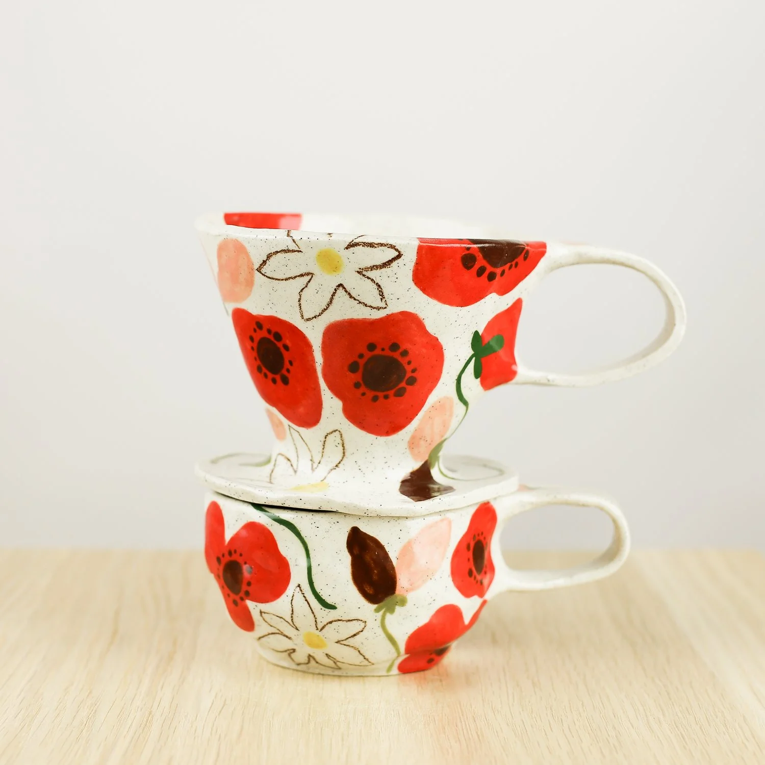 Handmade ceramic coffee dripper with poppies daisies and sweet pea flowers, pour over coffee maker by hellomae