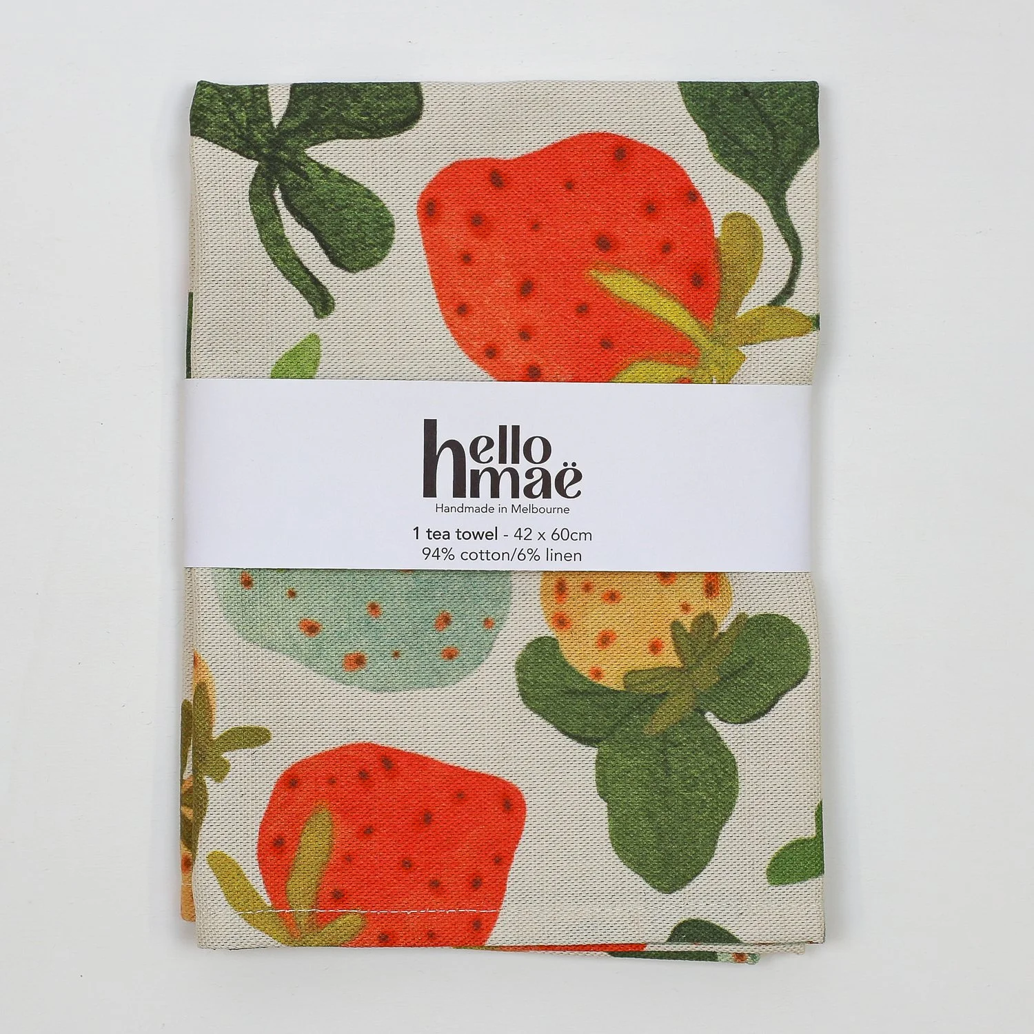 Strawberry tea towel with colourful fruit print on cotton linen by hellomae