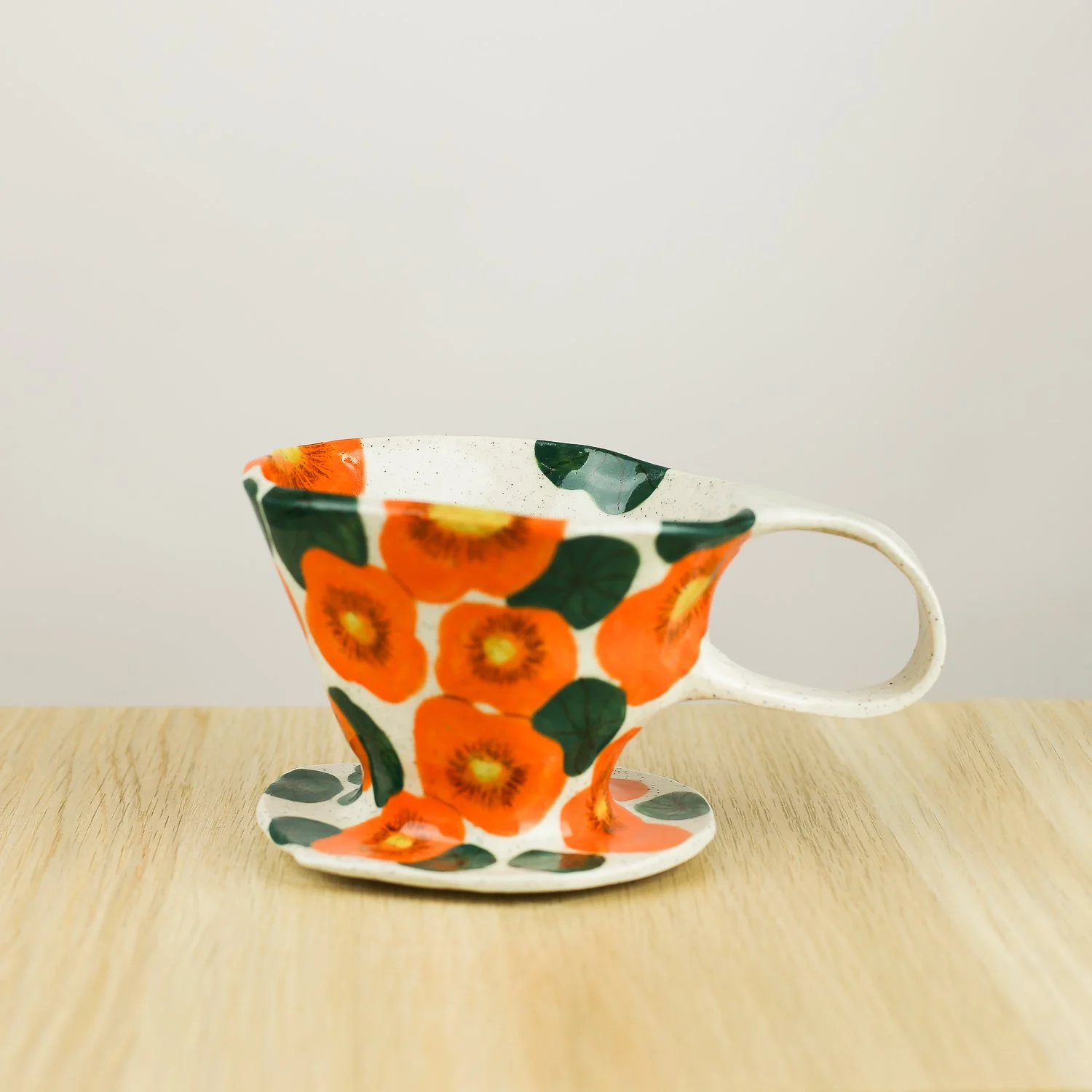 Handmade ceramic coffee dripper with orange nasturtium flowers, pour over coffee maker by hellomae