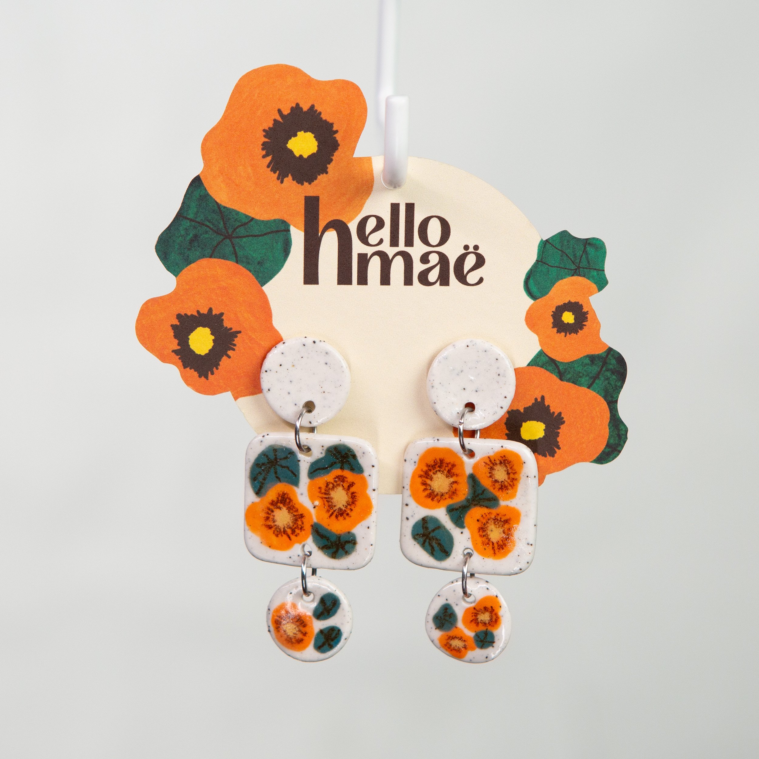3 tears hand painted earrings with nasturtium flowers, and white circle