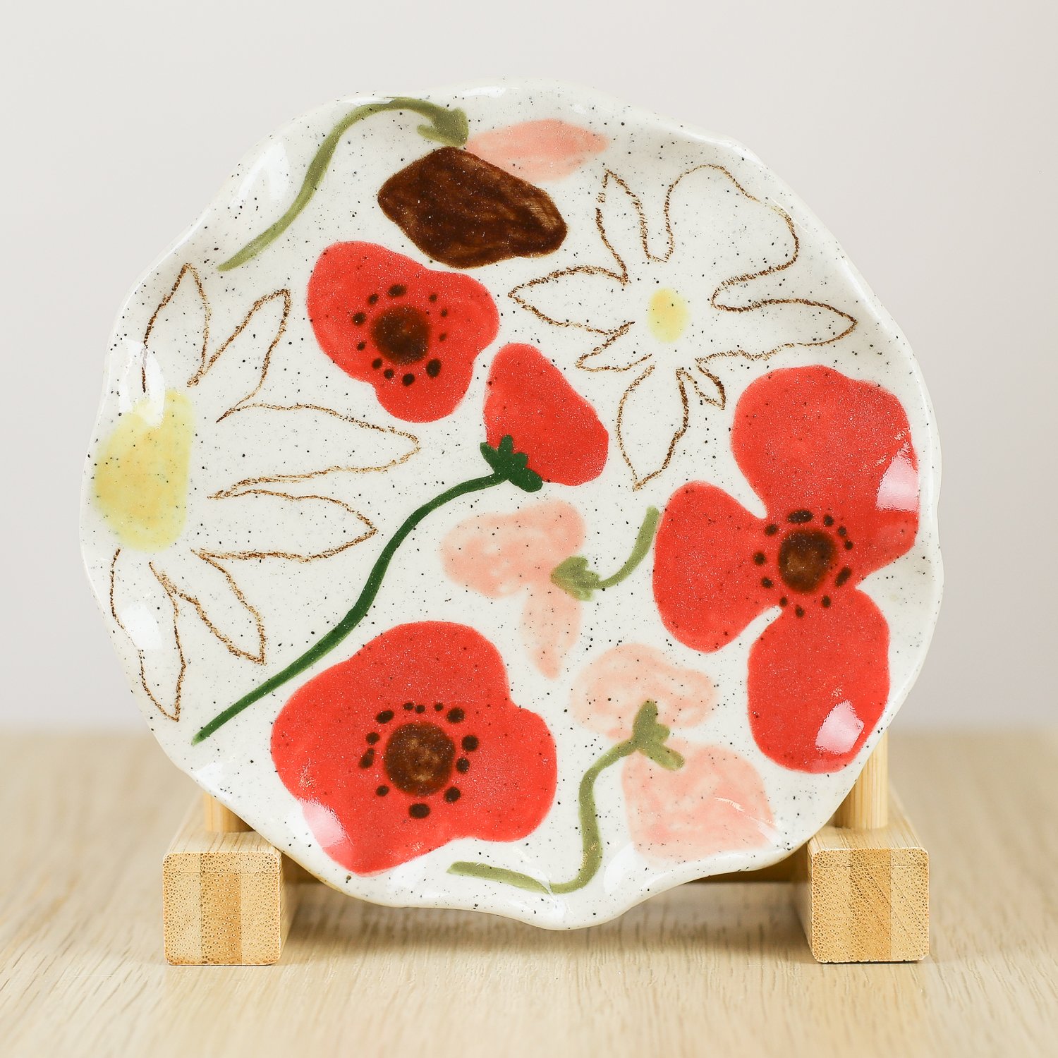 Handmade ceramic saucer with poppies daisies and sweet pea flowers, 13.5cm small plate by hellomae