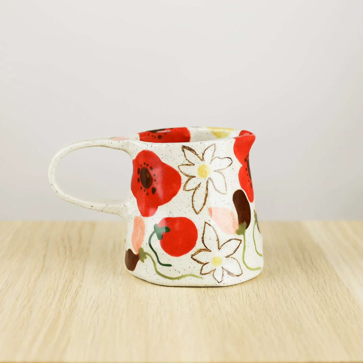 Handmade ceramic jug with poppies daisies and sweet pea flowers, 350ml milk jug by hellomae