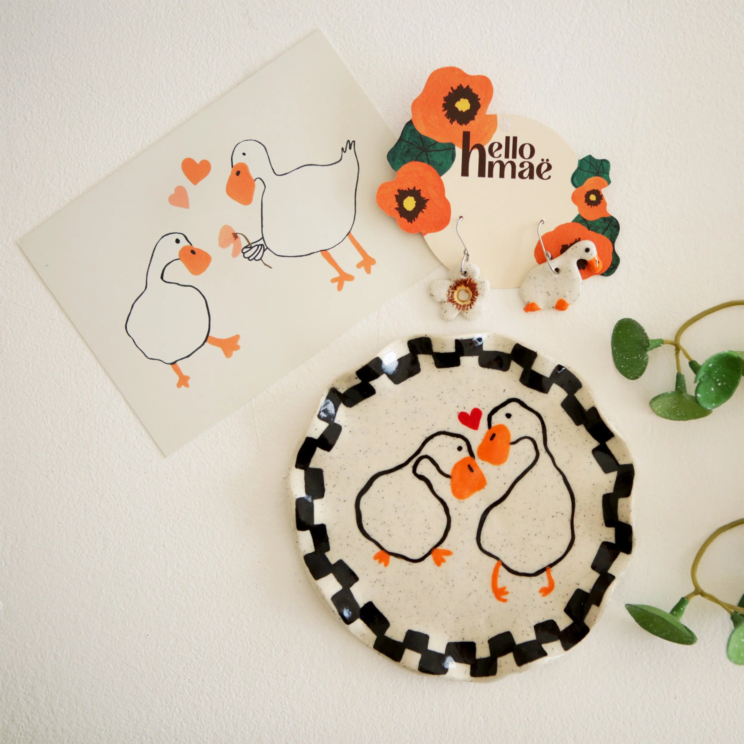 love day bundle, loving duck mini plate/saucer and duck/flower ceramic earrings