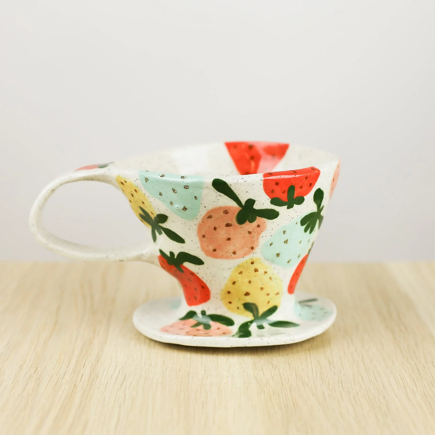 Handmade ceramic coffee dripper with colourful strawberries, pour over coffee maker by hellomae
