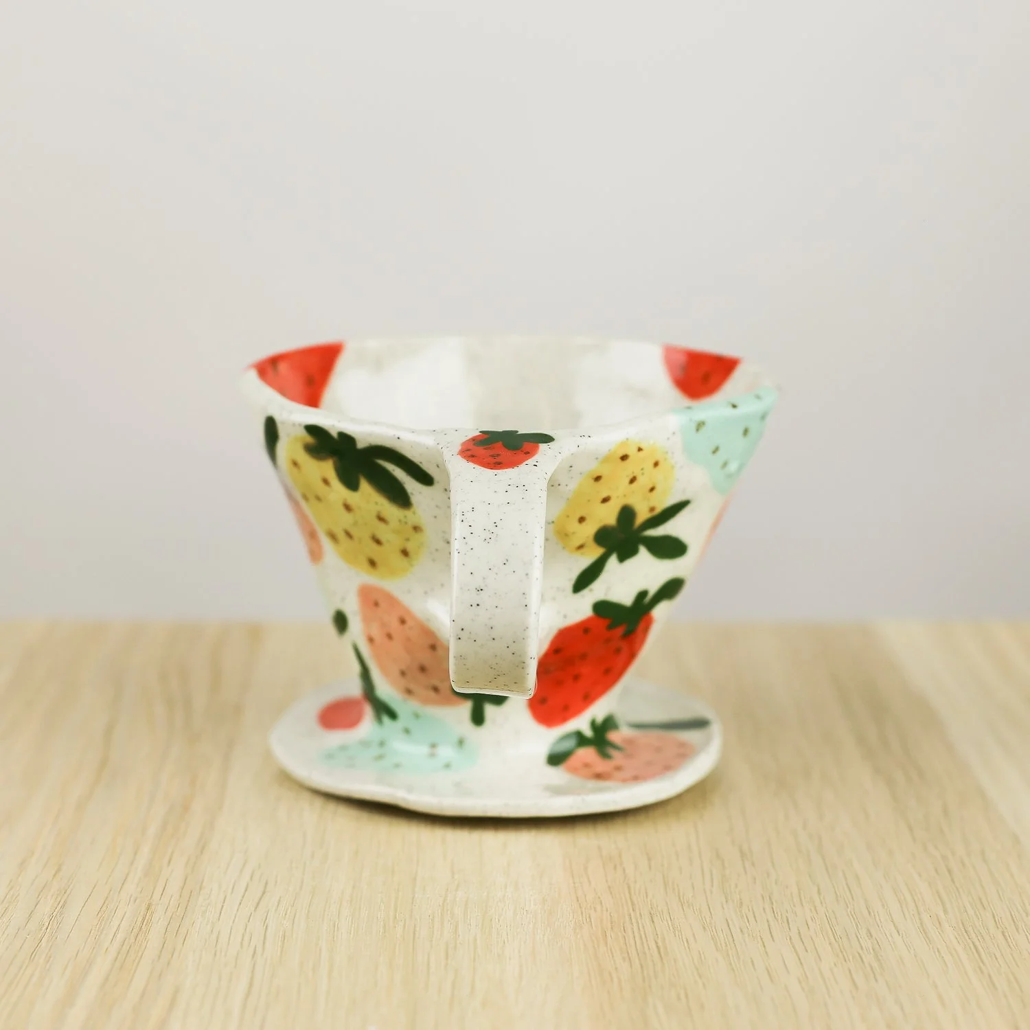 Handmade ceramic coffee dripper with colourful strawberries, pour over coffee maker by hellomae