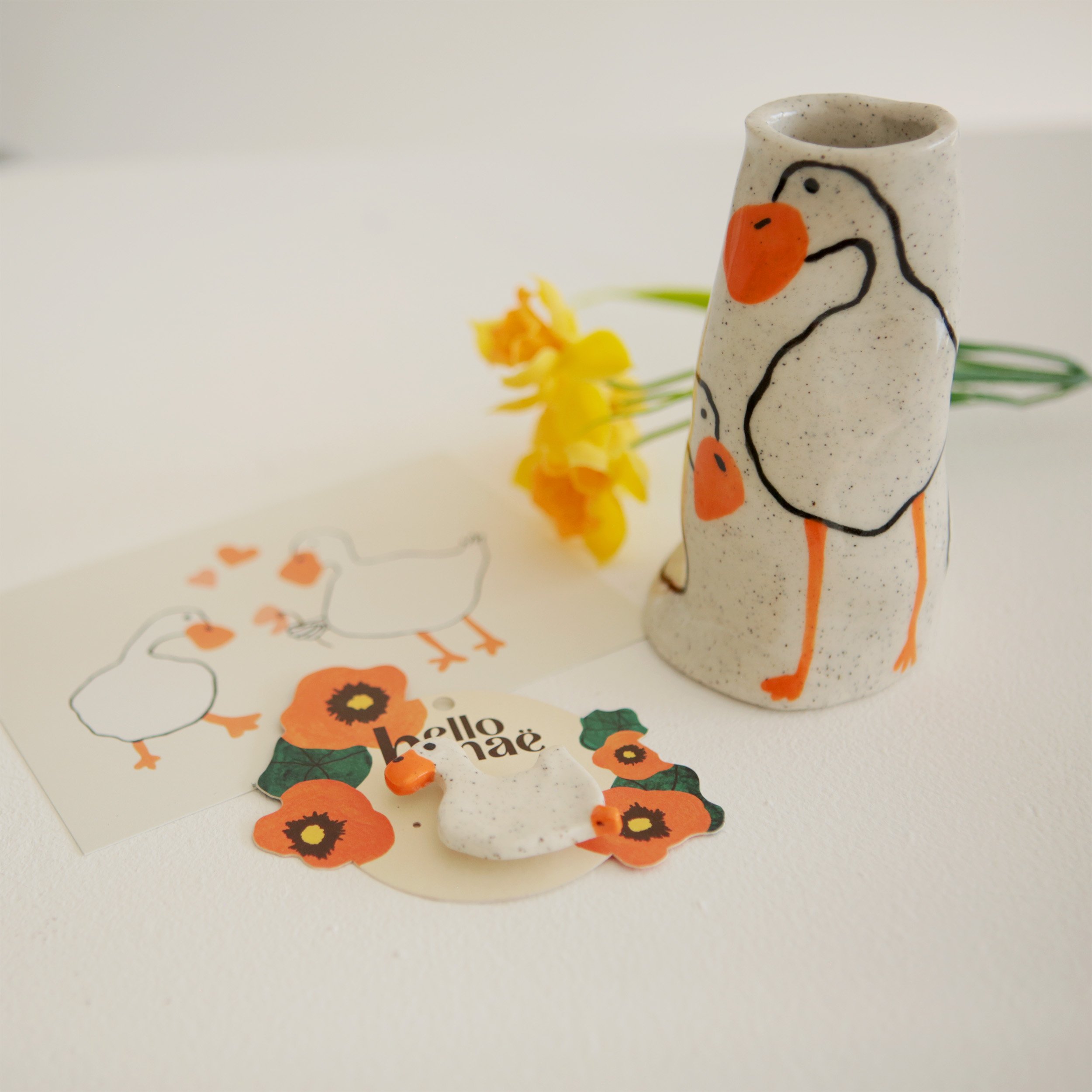 love day bundle, duck mini vase and duck ceramic brooch