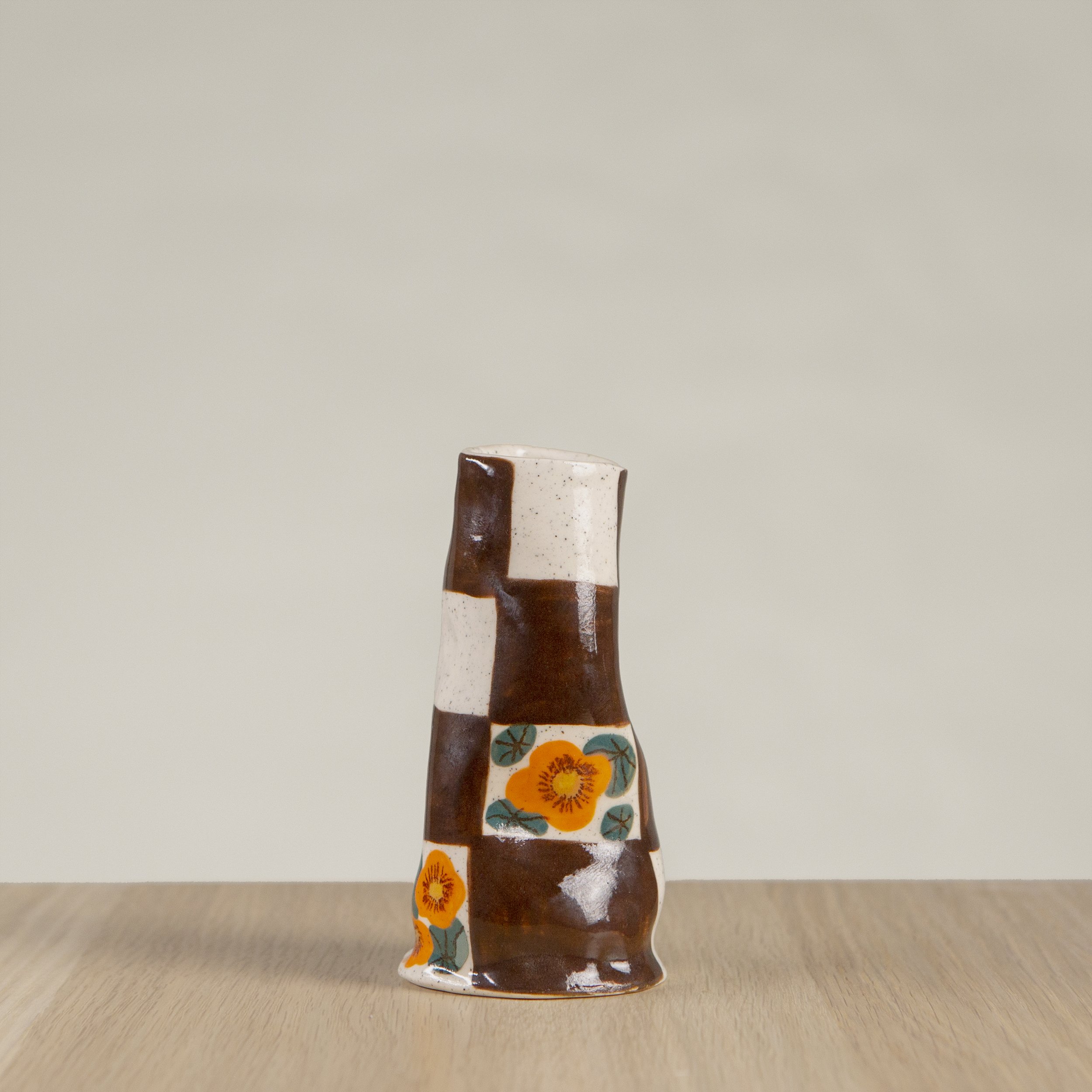 Mini ceramic vase with hand-painted nasturtiums & chocolate check artwork on speckled clay, handmade in Melbourne by hellomaë