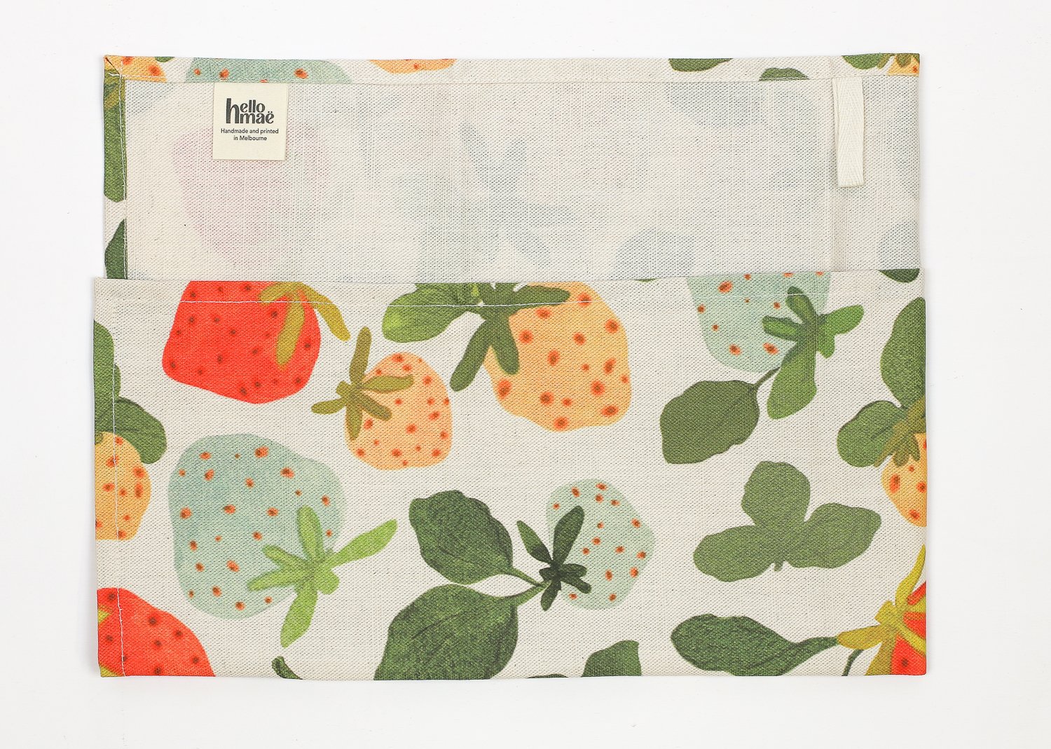 Strawberry tea towel with colourful fruit print on cotton linen by hellomae