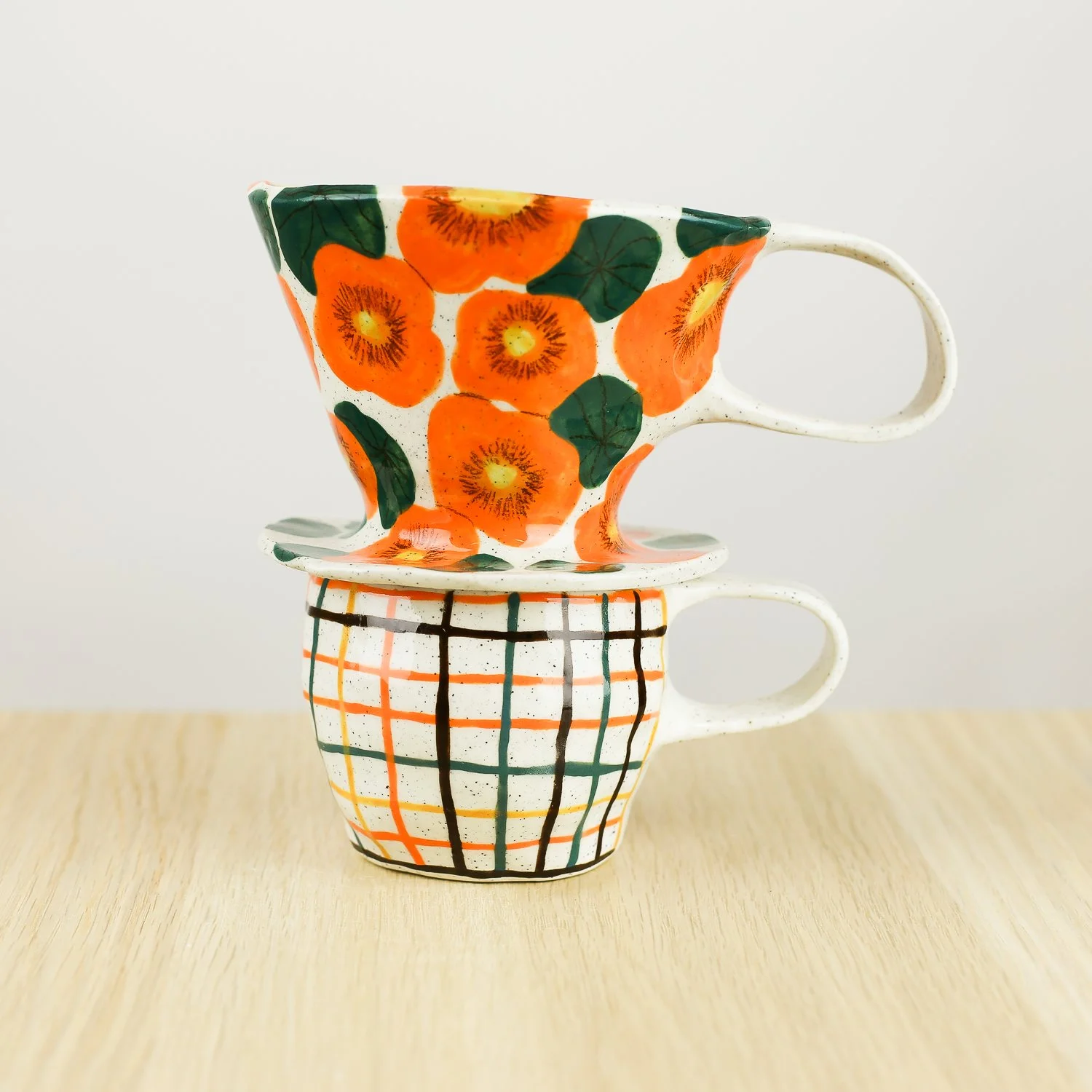 Handmade ceramic coffee dripper with orange nasturtium flowers, pour over coffee maker by hellomae