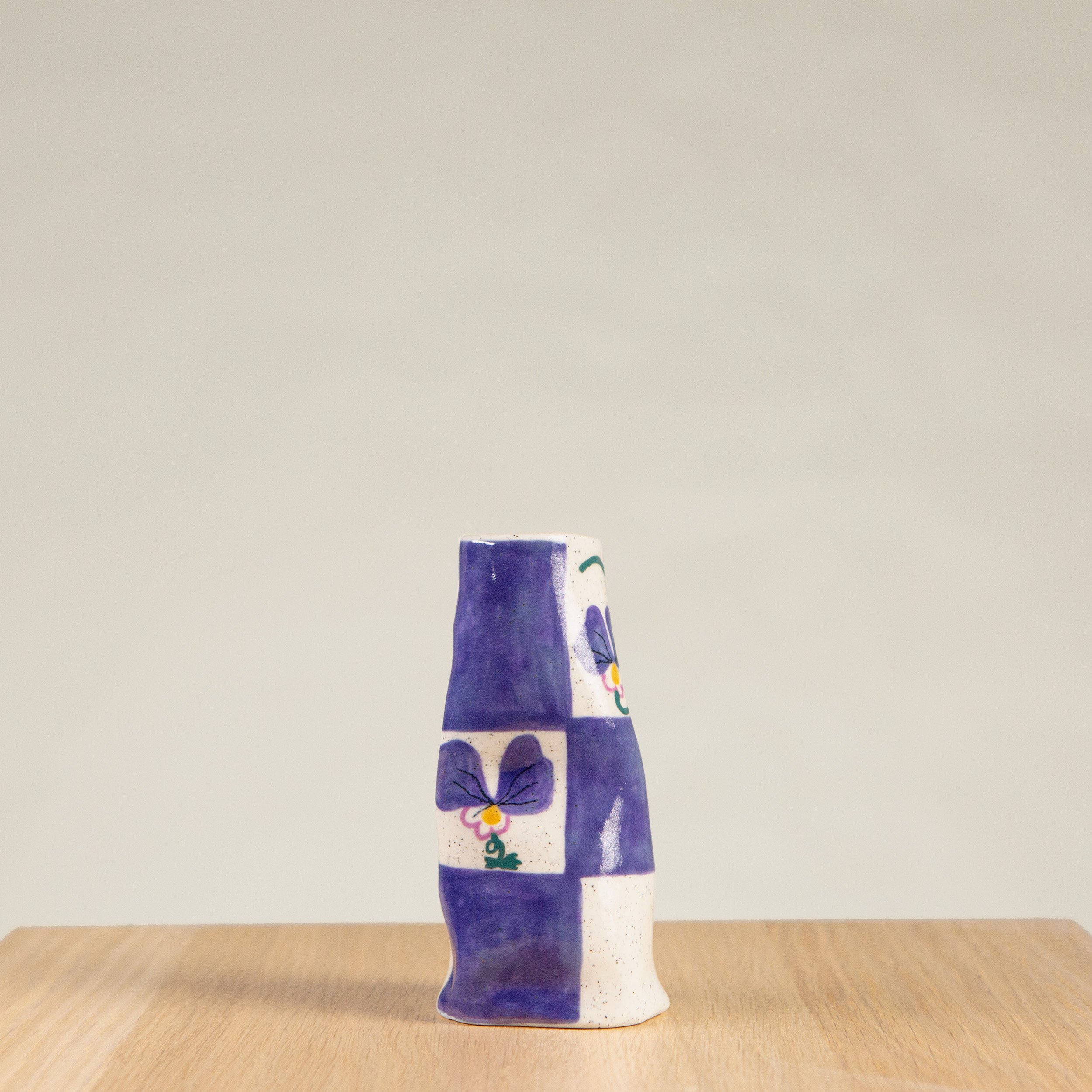Mini ceramic vase with hand-painted Pansy Flowers & a blue check artwork on speckled clay, handmade in Melbourne by hellomaë