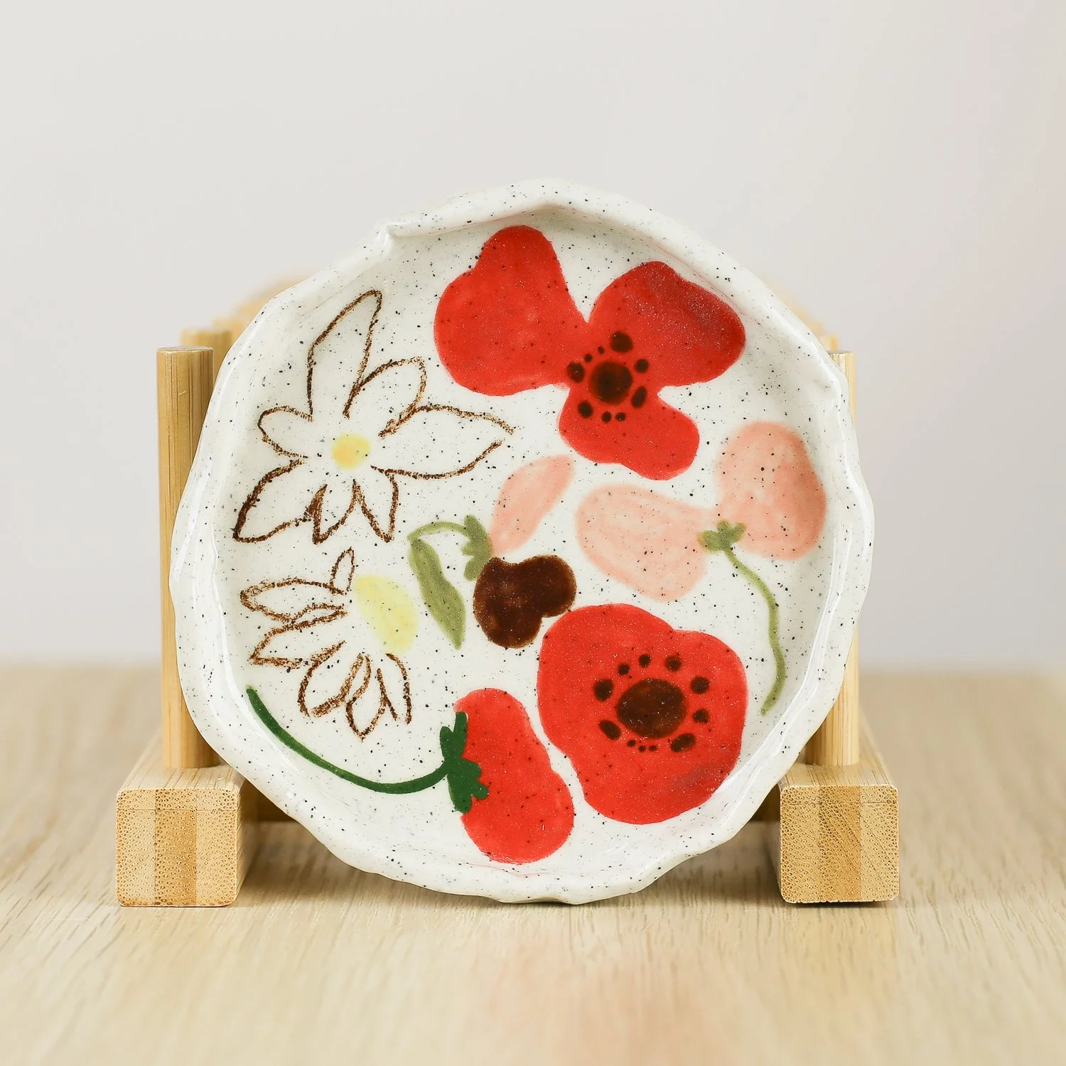Handmade ceramic trinket dish with poppies daisies and sweet pea flowers, jewellery dish by hellomae