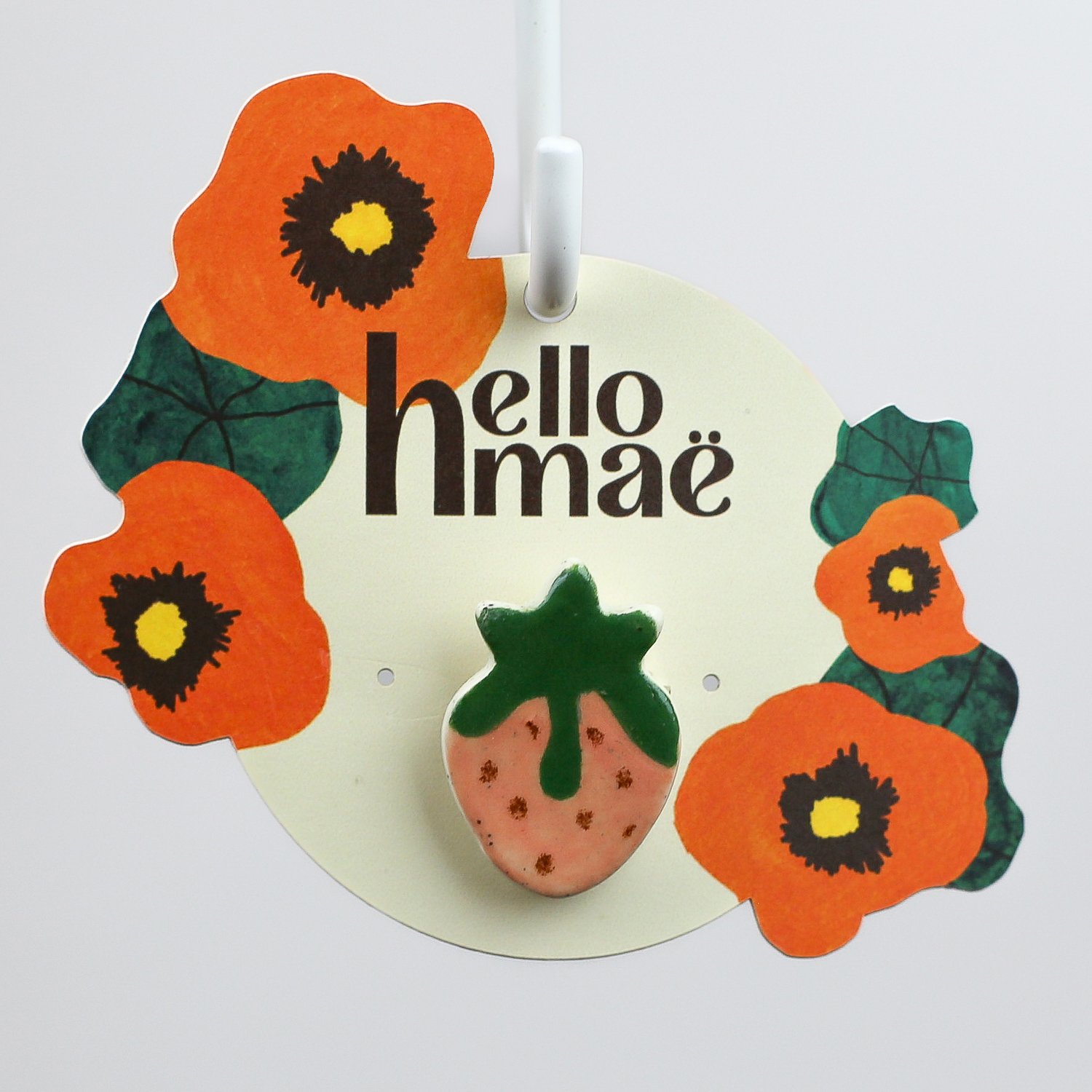 Handmade ceramic pink strawberry brooch by hellomae
