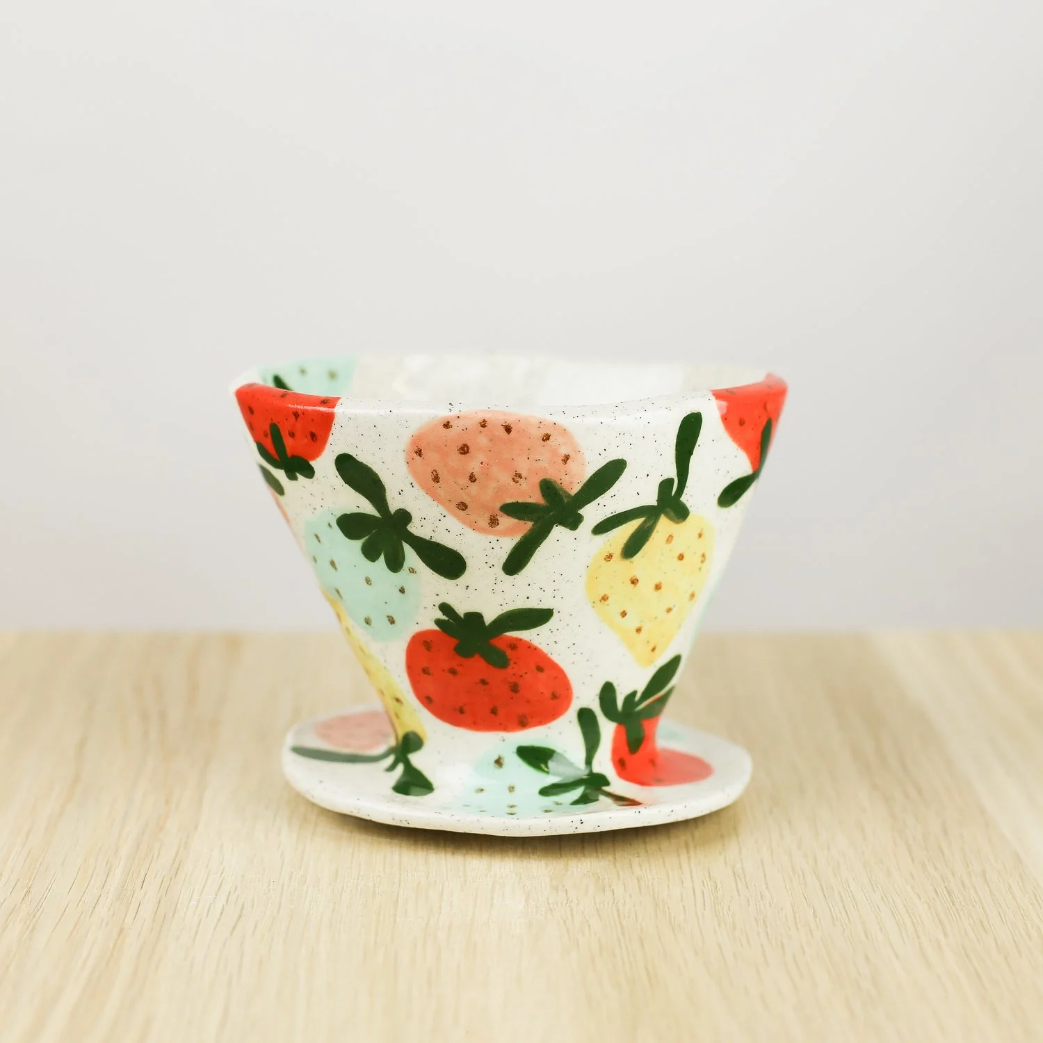 Handmade ceramic coffee dripper with colourful strawberries, pour over coffee maker by hellomae