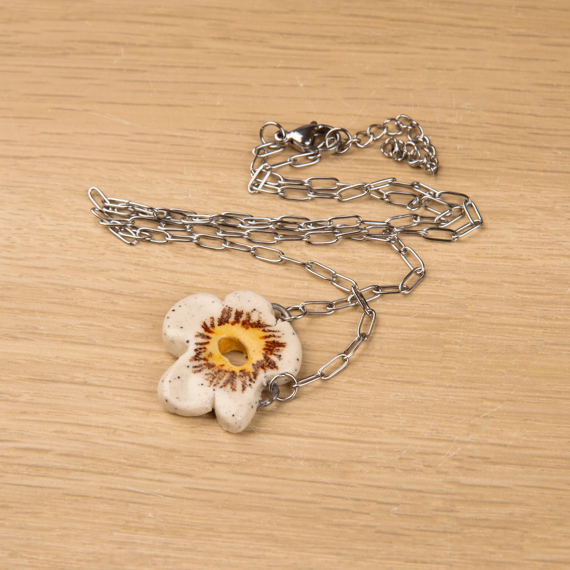 White Flower Ceramic Pendant Necklace – Handmade and Hand-Painted
