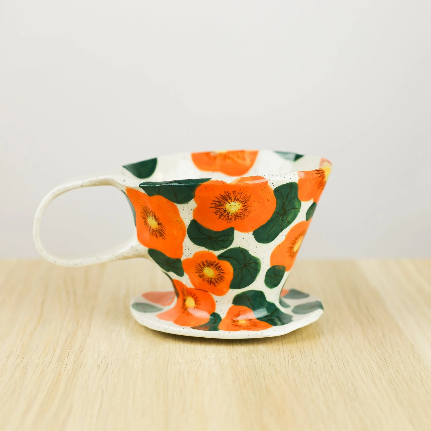 Handmade ceramic coffee dripper with orange nasturtium flowers, pour over coffee maker by hellomae