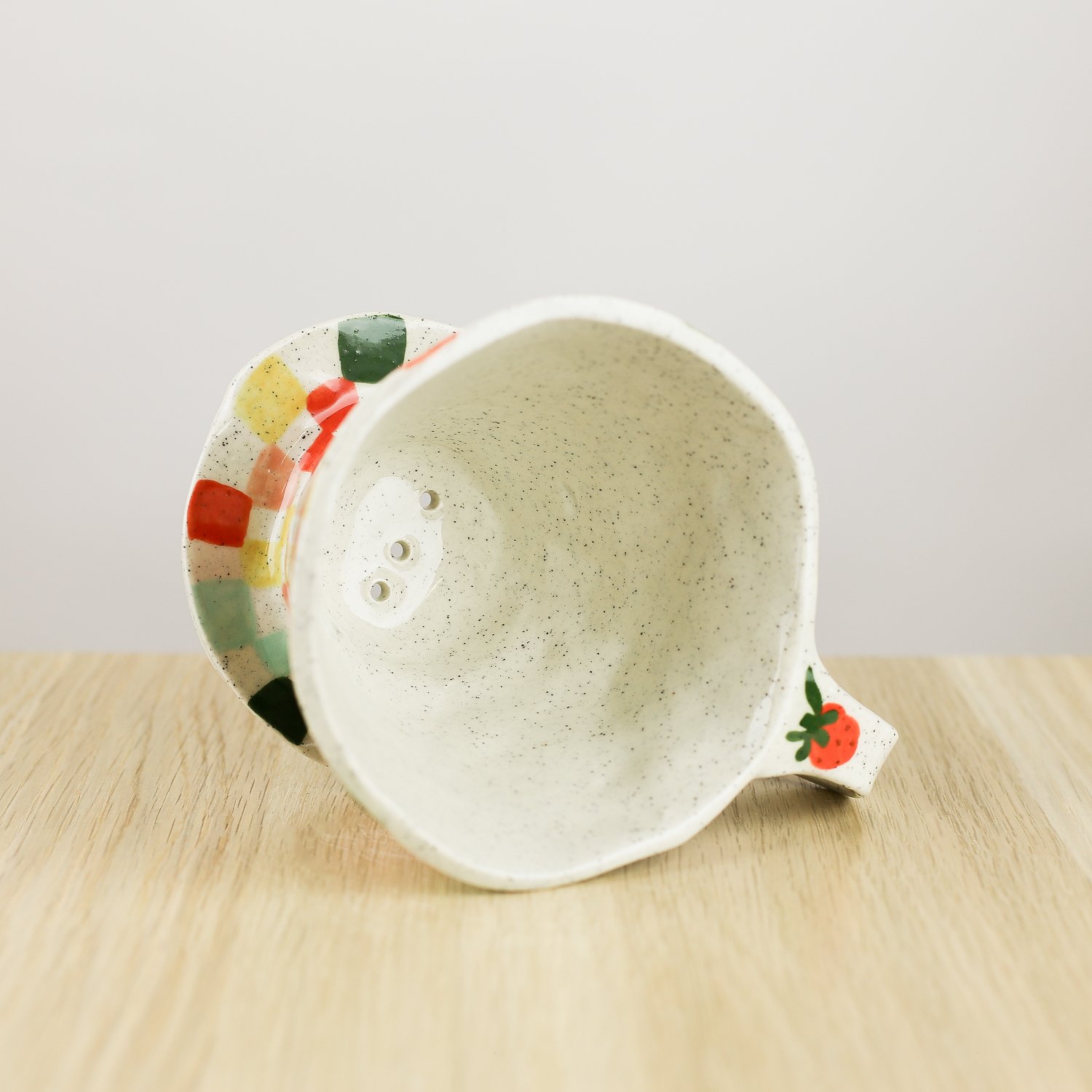 Handmade ceramic coffee dripper with colourful check pattern in red pink yellow and blue, pour over coffee maker by hellomae