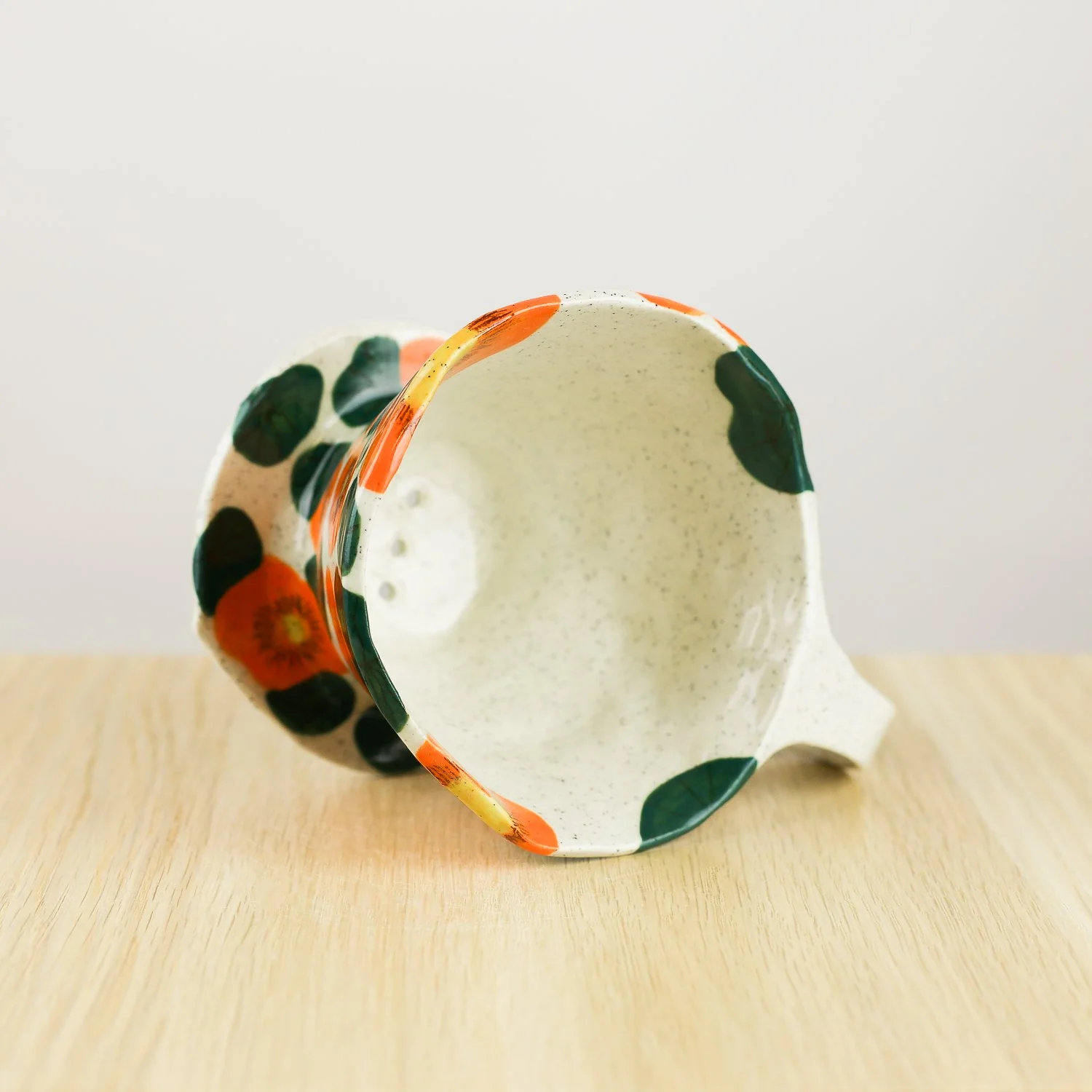 Handmade ceramic coffee dripper with orange nasturtium flowers, pour over coffee maker by hellomae