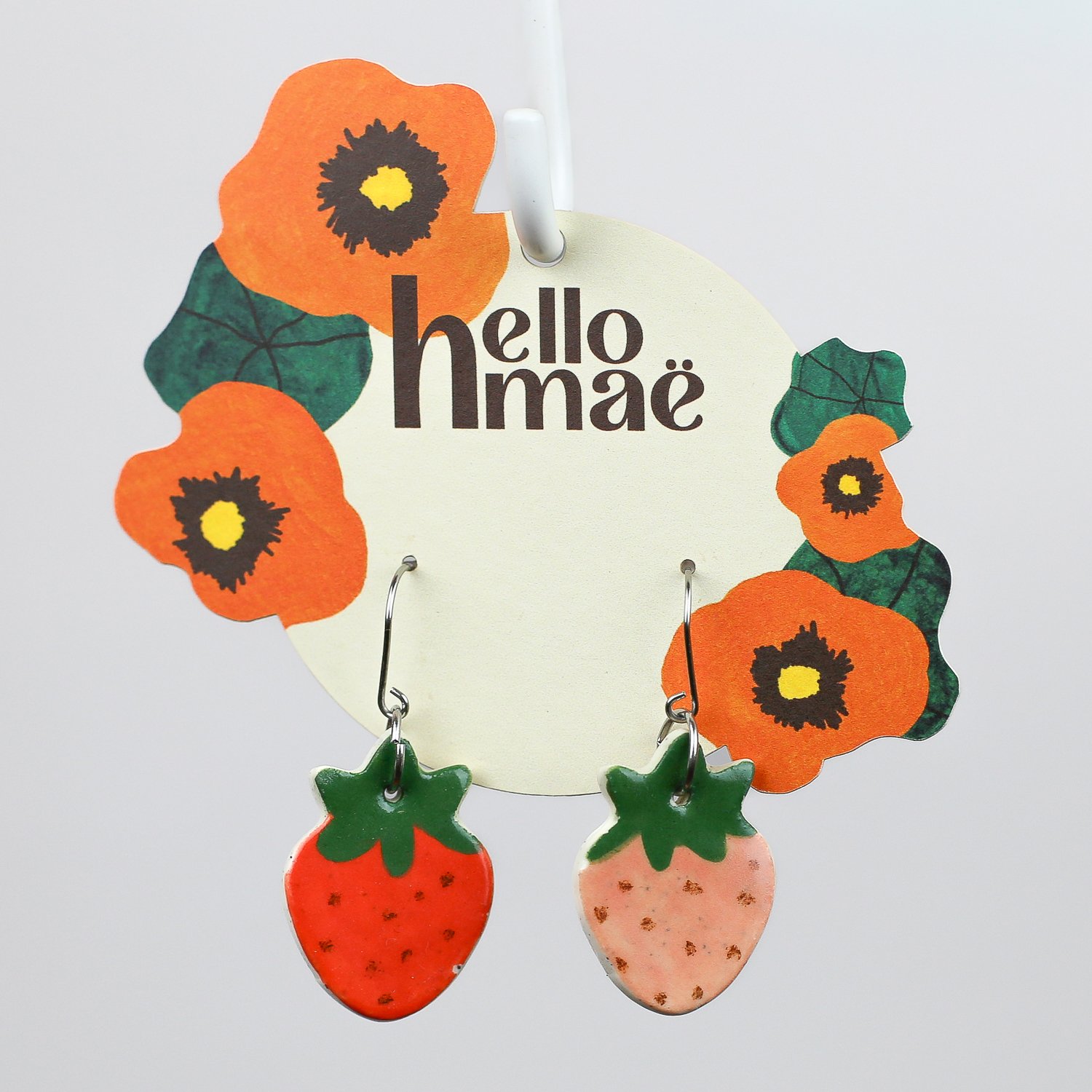 Handmade ceramic strawberry drop earrings in red  & pink with stainless steel hooks by hellomae