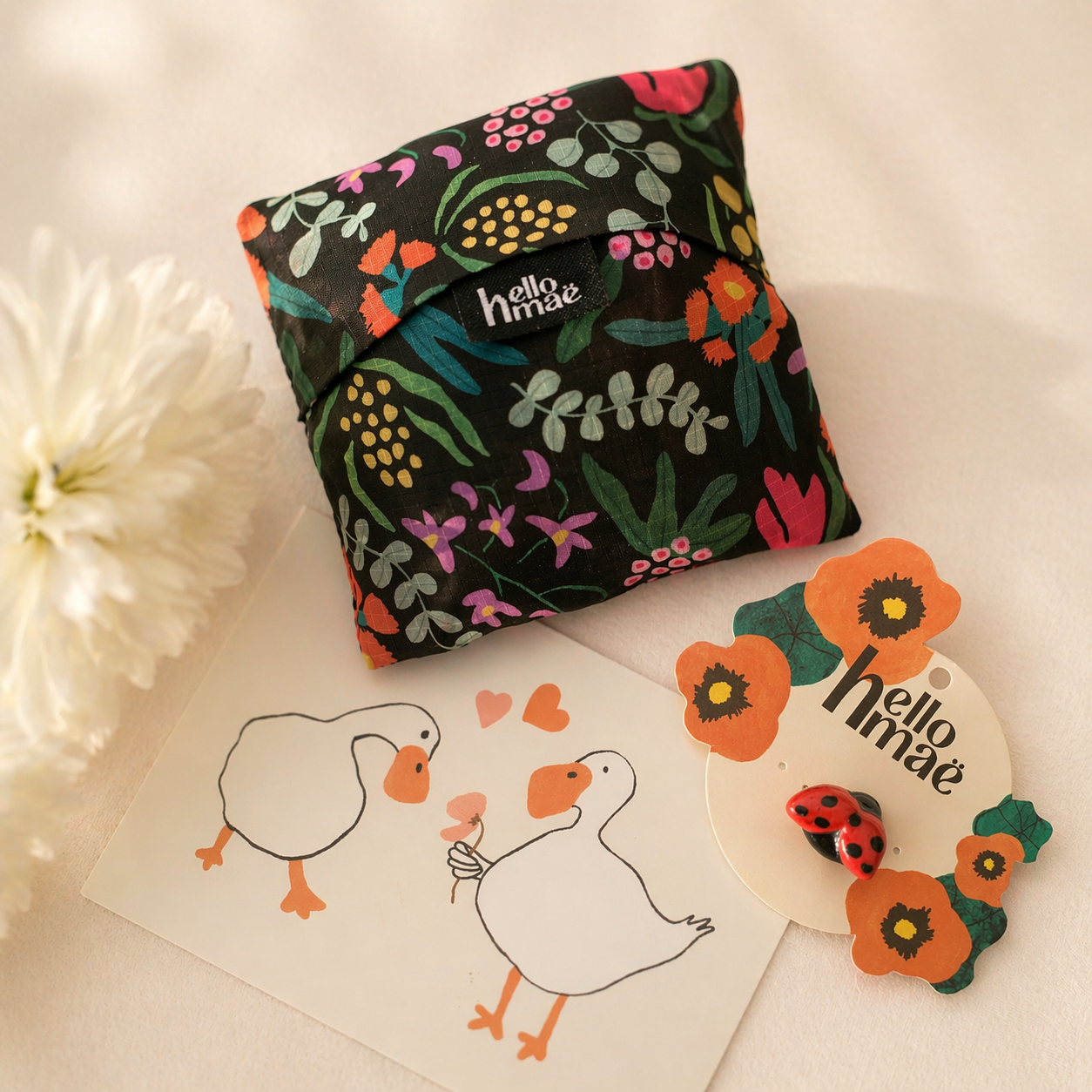 Ceramic Brooch & Shopping Bag - Ladybug & Australian Native Flowers