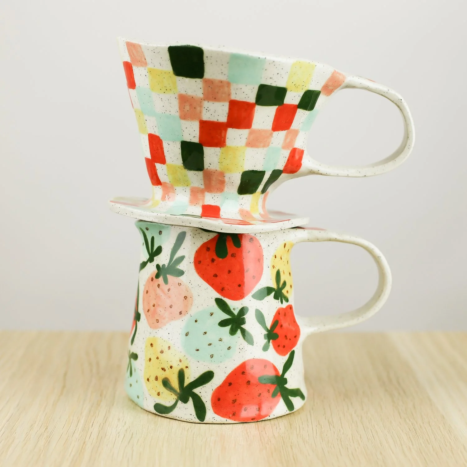 Handmade ceramic jug with colourful strawberries, 350ml milk jug by hellomae