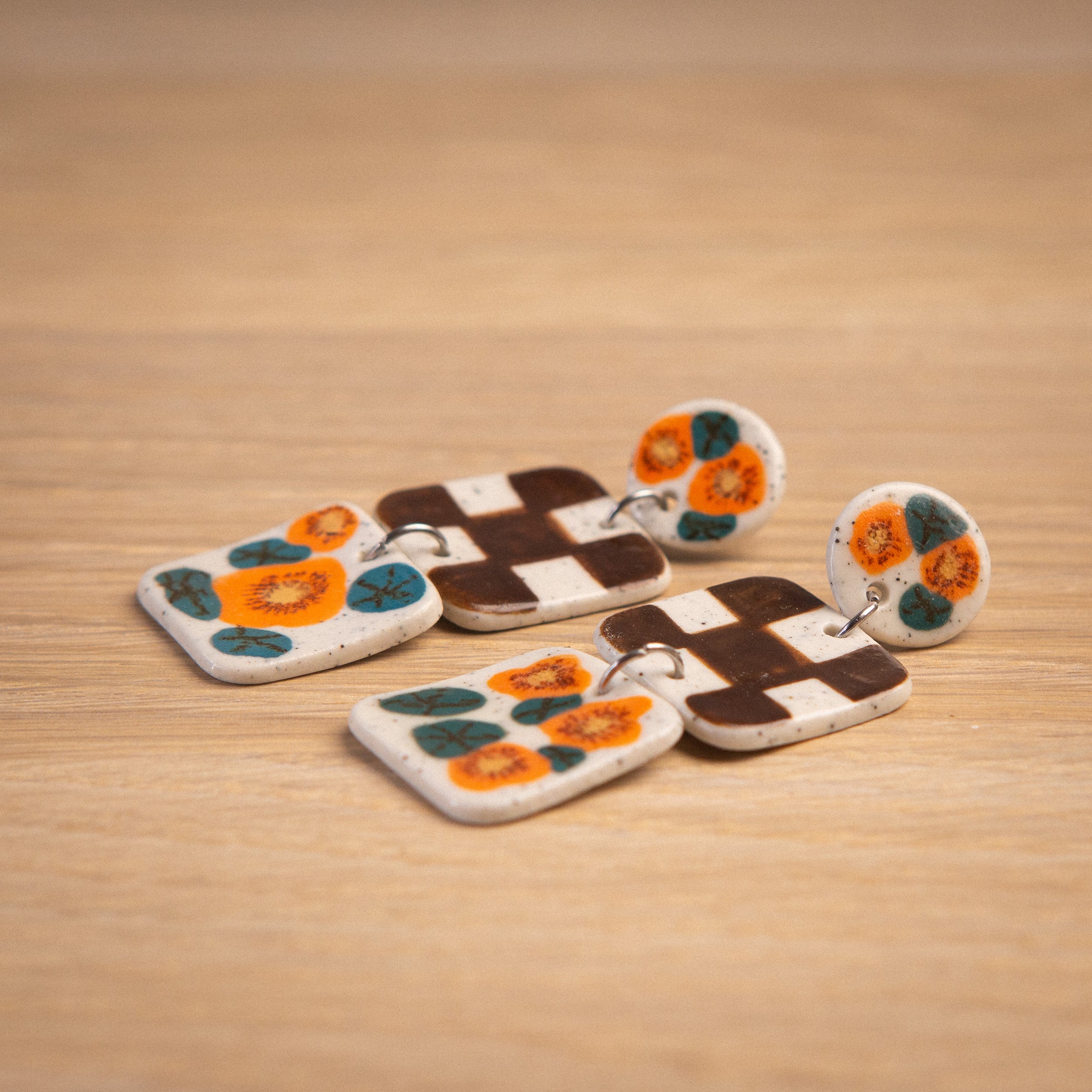 3 tears hand painted earrings with nasturtium flowers, brown check and nasturitum circle