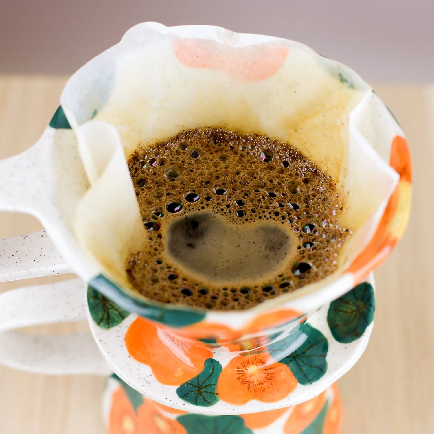 Handmade ceramic coffee dripper with poppies daisies and sweet pea flowers, pour over coffee maker by hellomae