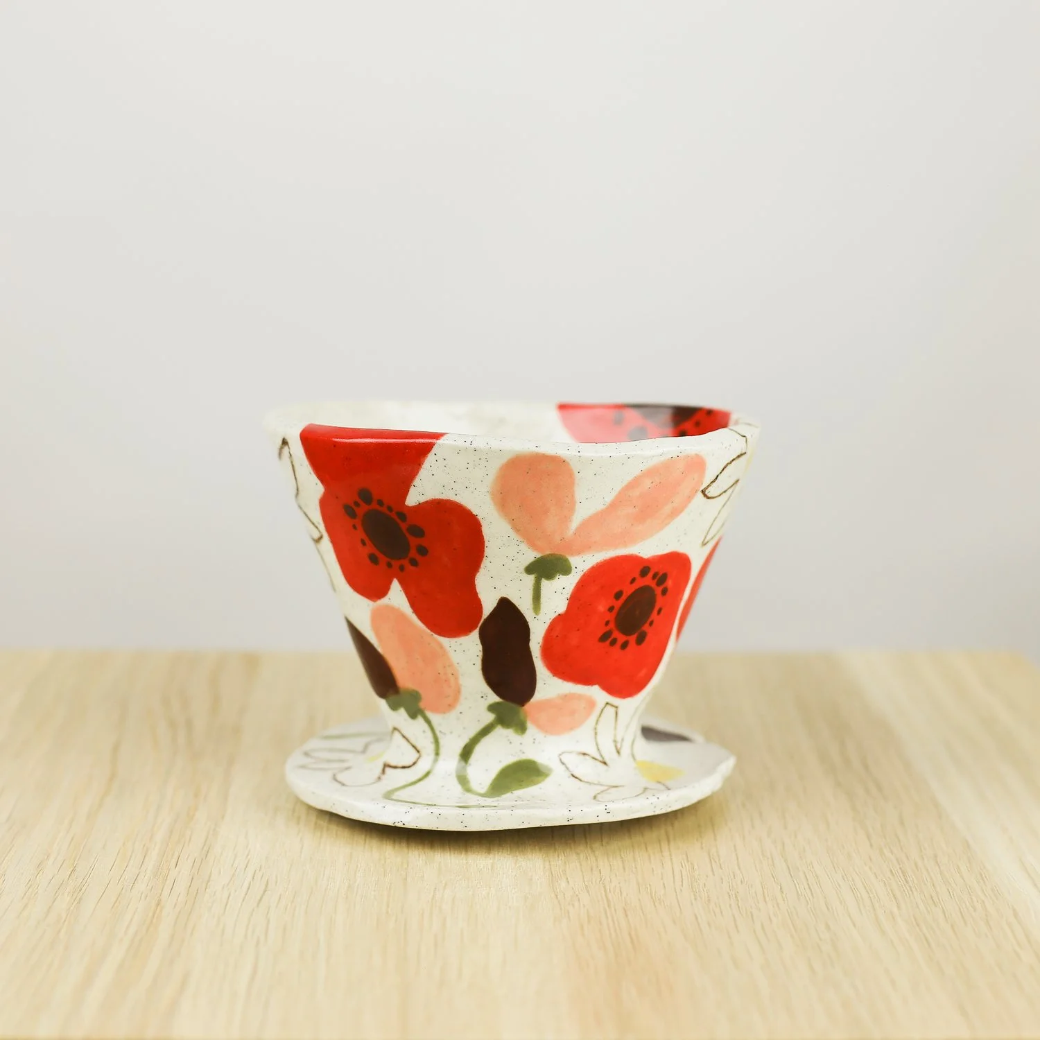 Handmade ceramic coffee dripper with poppies daisies and sweet pea flowers, pour over coffee maker by hellomae