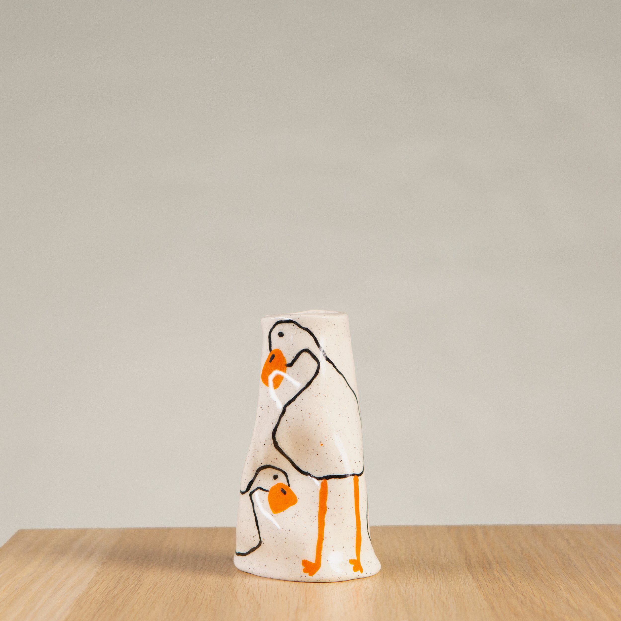 Mini ceramic vase with hand-painted white ducks artwork on speckled clay, handmade in Melbourne by hellomaë