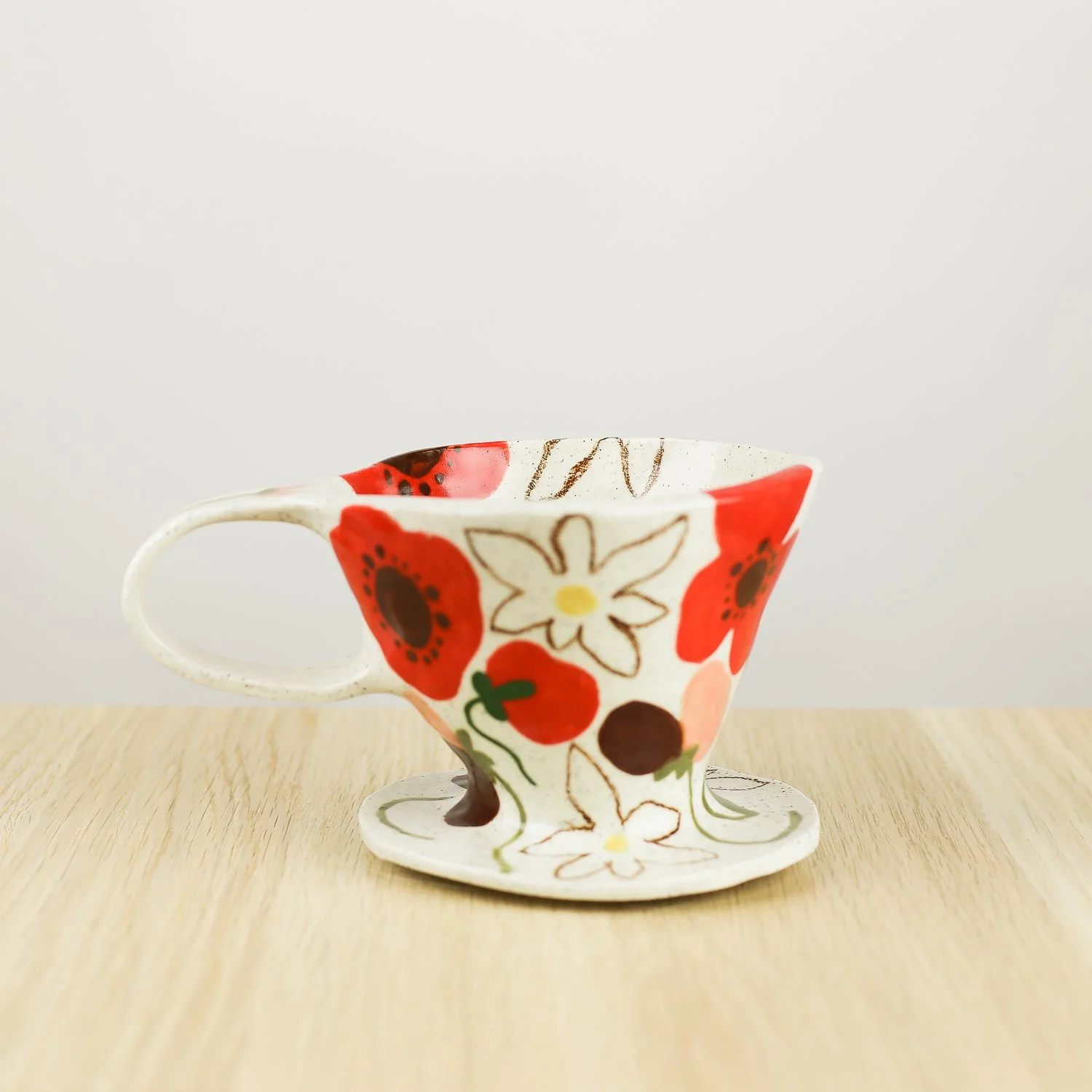 Handmade ceramic coffee dripper with poppies daisies and sweet pea flowers, pour over coffee maker by hellomae