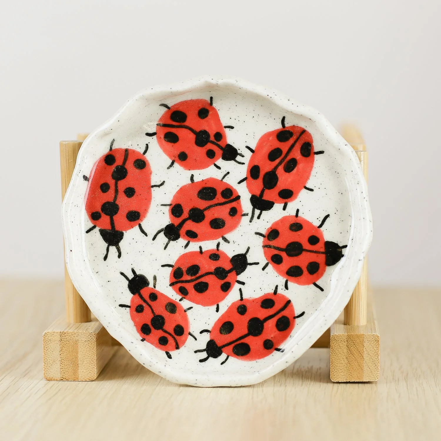 Handmade ceramic trinket dish with hand-painted ladybugs, jewellery dish by hellomae