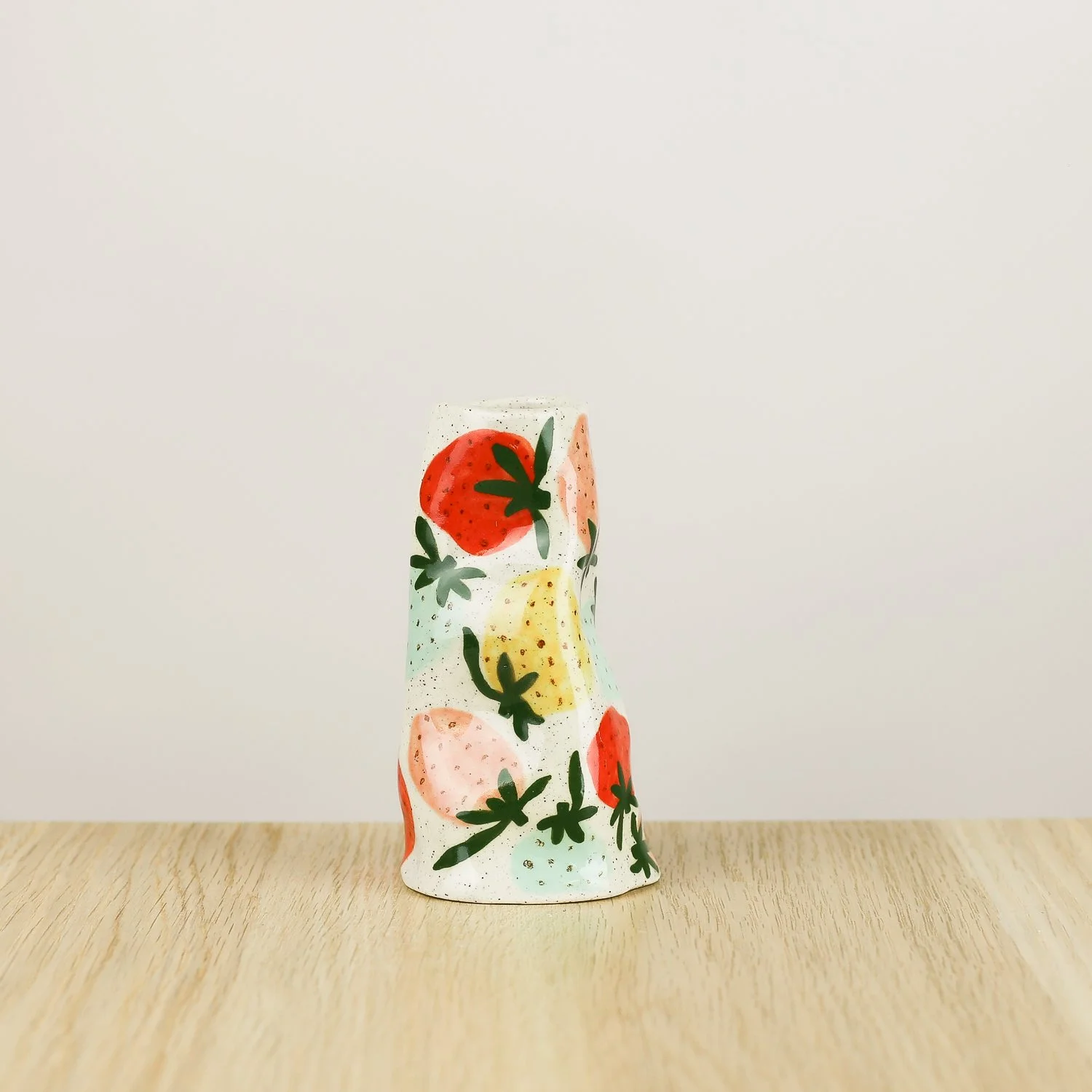 Handmade ceramic mini vase with colourful strawberries, bud vase for single stems by helloame