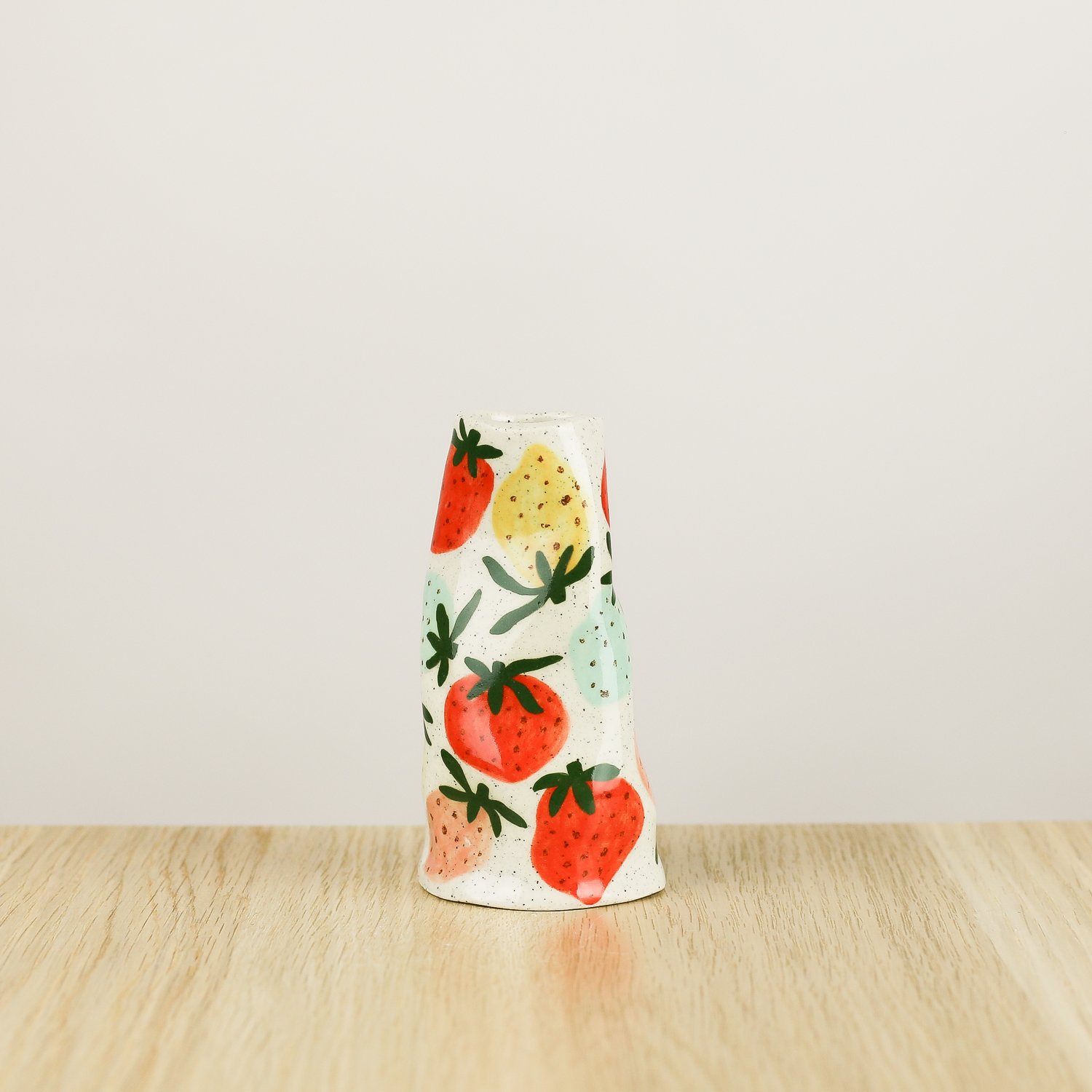 Handmade ceramic mini vase with colourful strawberries, bud vase for single stems by helloame