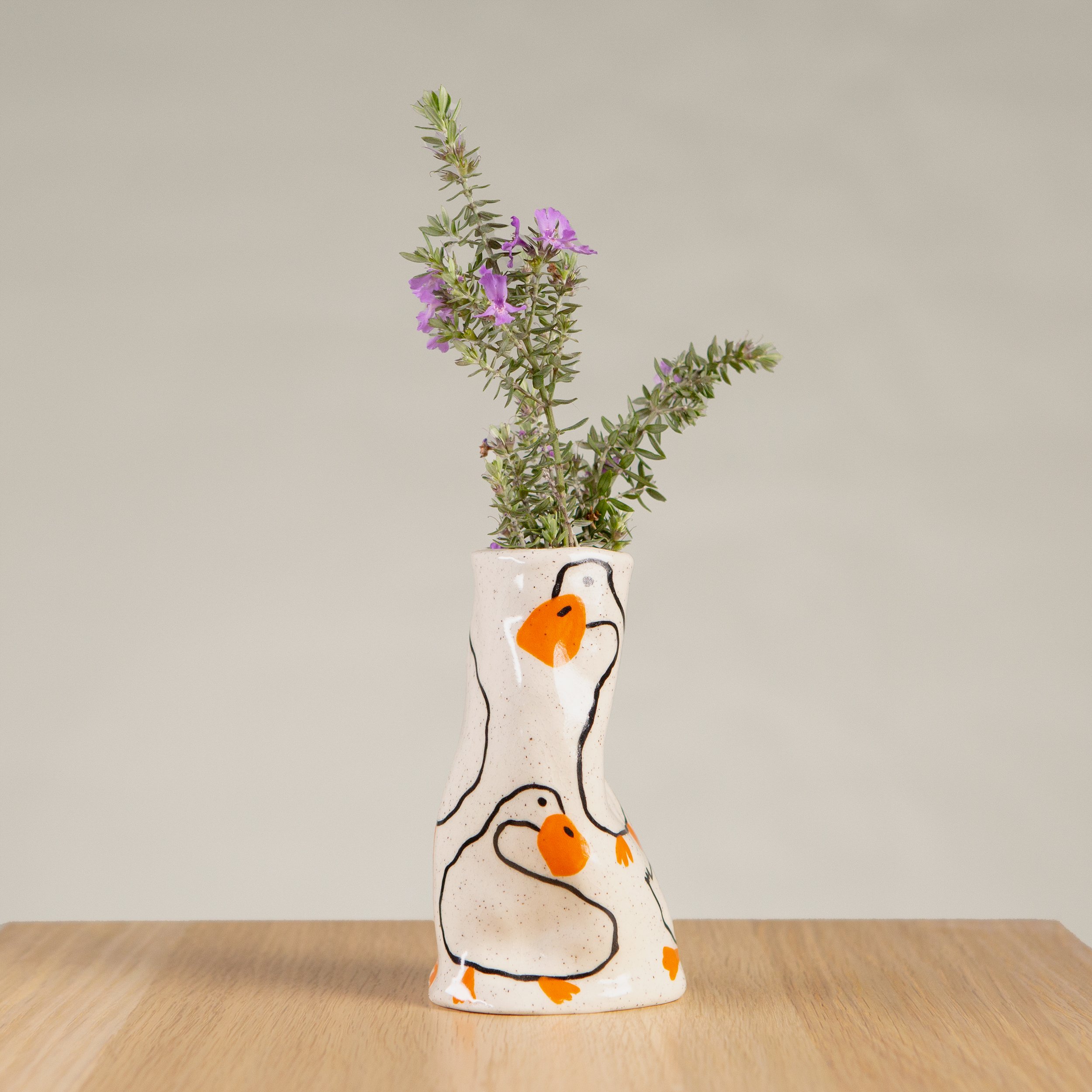 Mini ceramic vase with hand-painted white ducks artwork on speckled clay, handmade in Melbourne by hellomaë