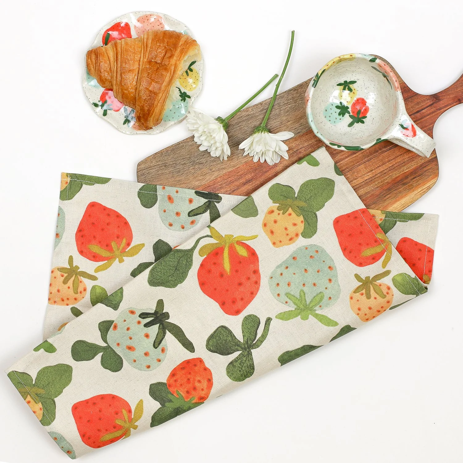 Strawberry tea towel with colourful fruit print on cotton linen by hellomae