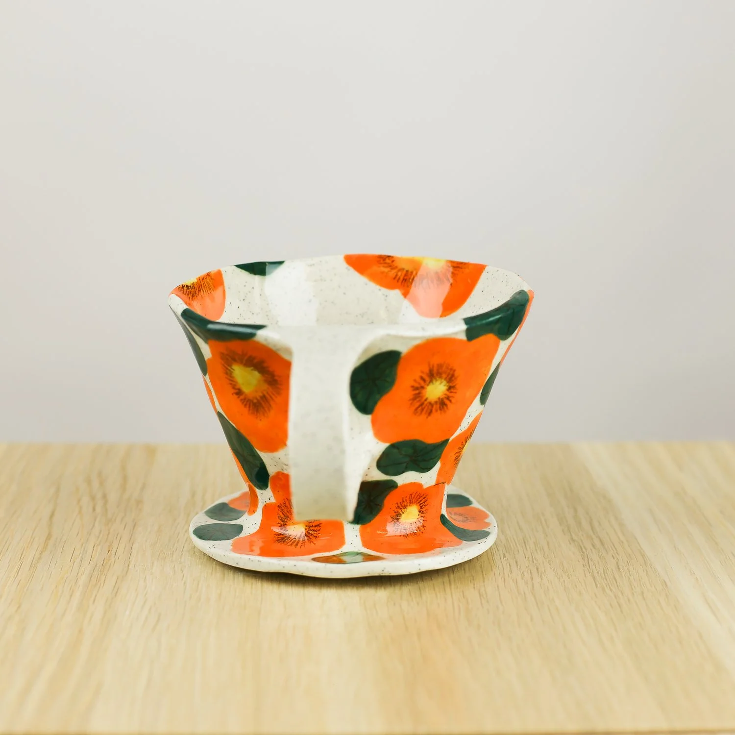 Handmade ceramic coffee dripper with orange nasturtium flowers, pour over coffee maker by hellomae