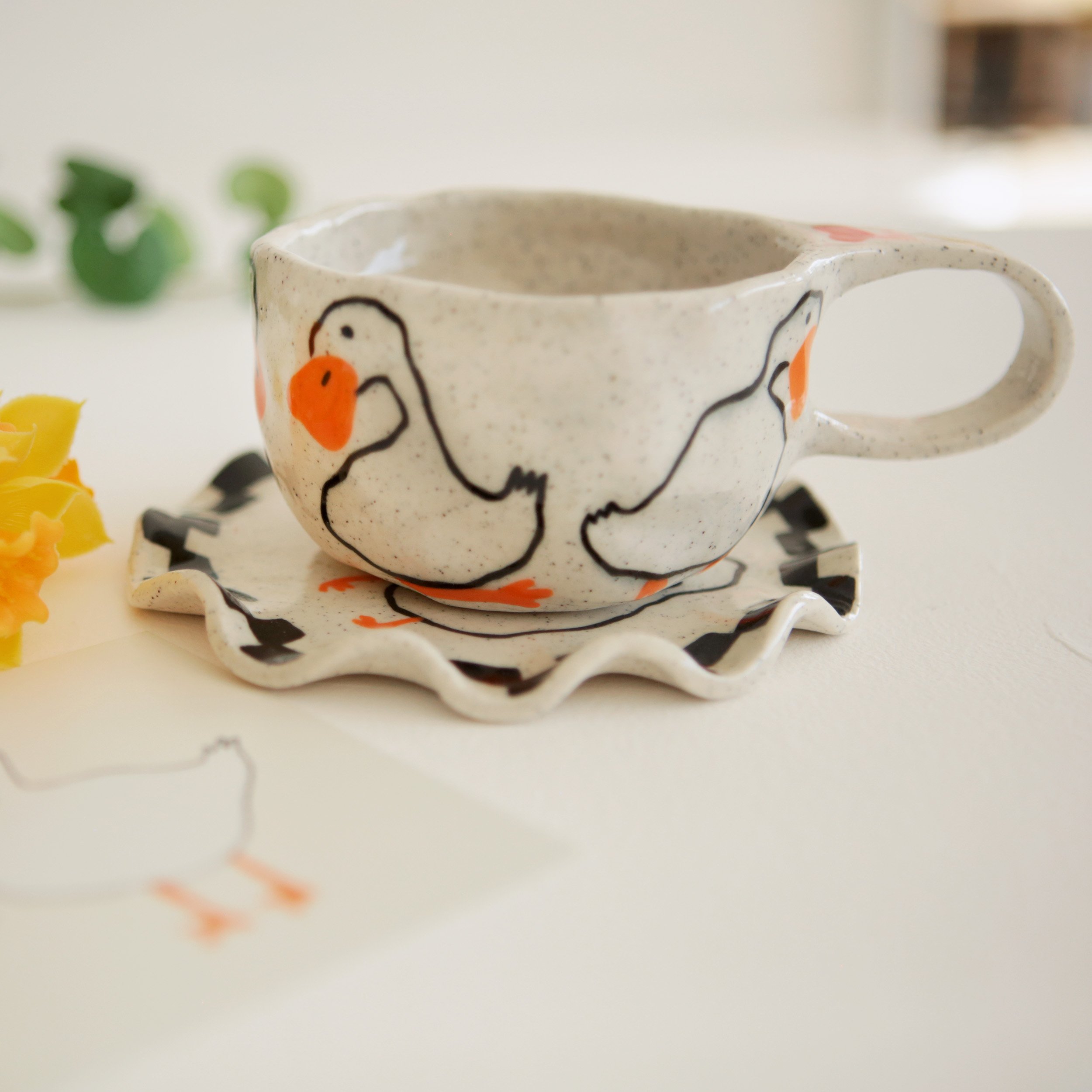 love day bundle, loving duck coffee cup and loving duck matching saucer/mini plate