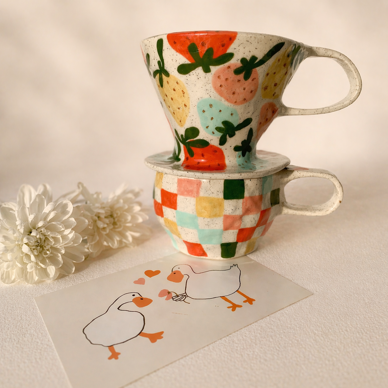 Ceramic Coffee Dripper & Cup Set - Strawberry & Check