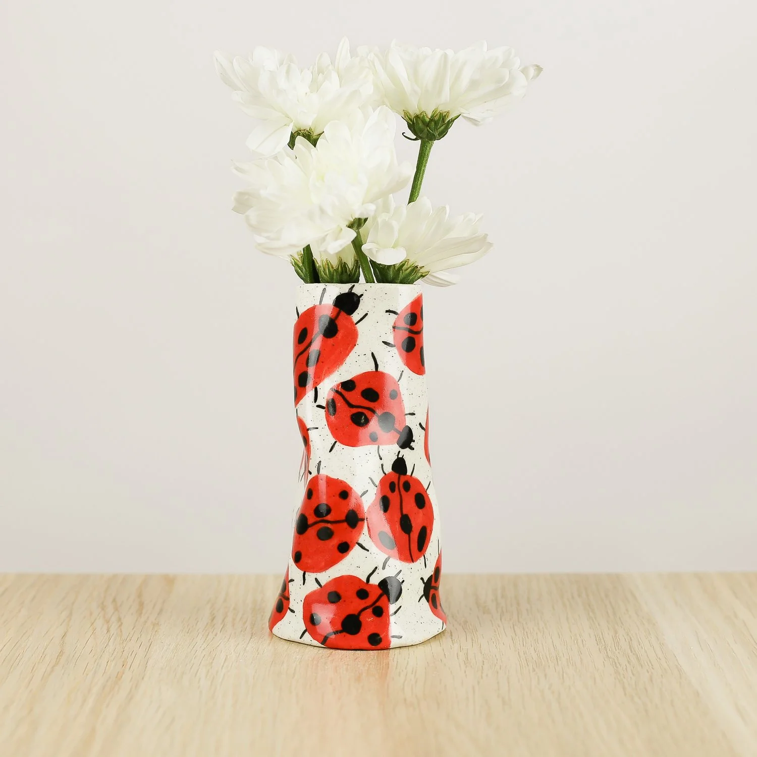Handmade ceramic mini vase with hand-painted ladybugs, bud vase for single stems by Hello Mae