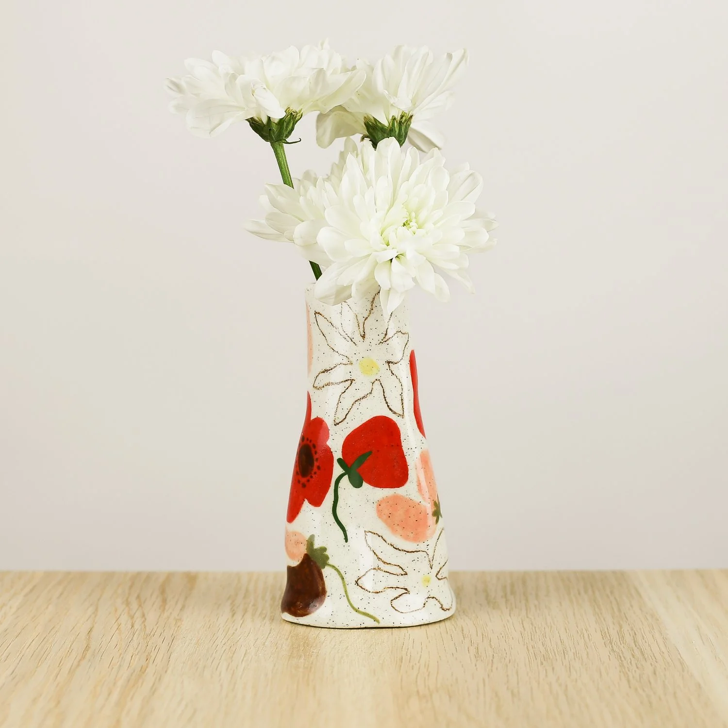Handmade ceramic mini vase with poppies daisies and sweet pea flowers, bud vase by hellomae