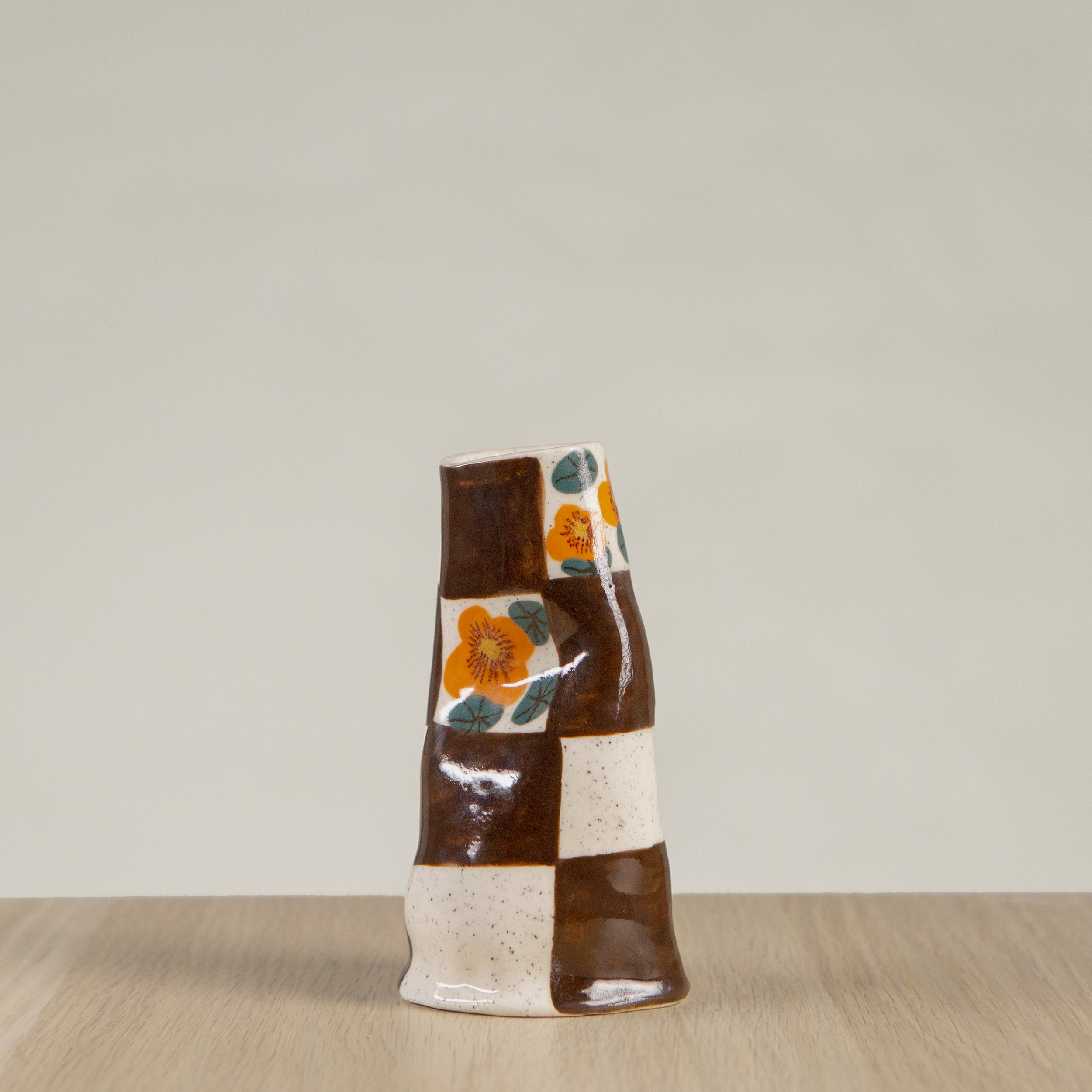 Mini ceramic vase with hand-painted nasturtiums & chocolate check artwork on speckled clay, handmade in Melbourne by hellomaë