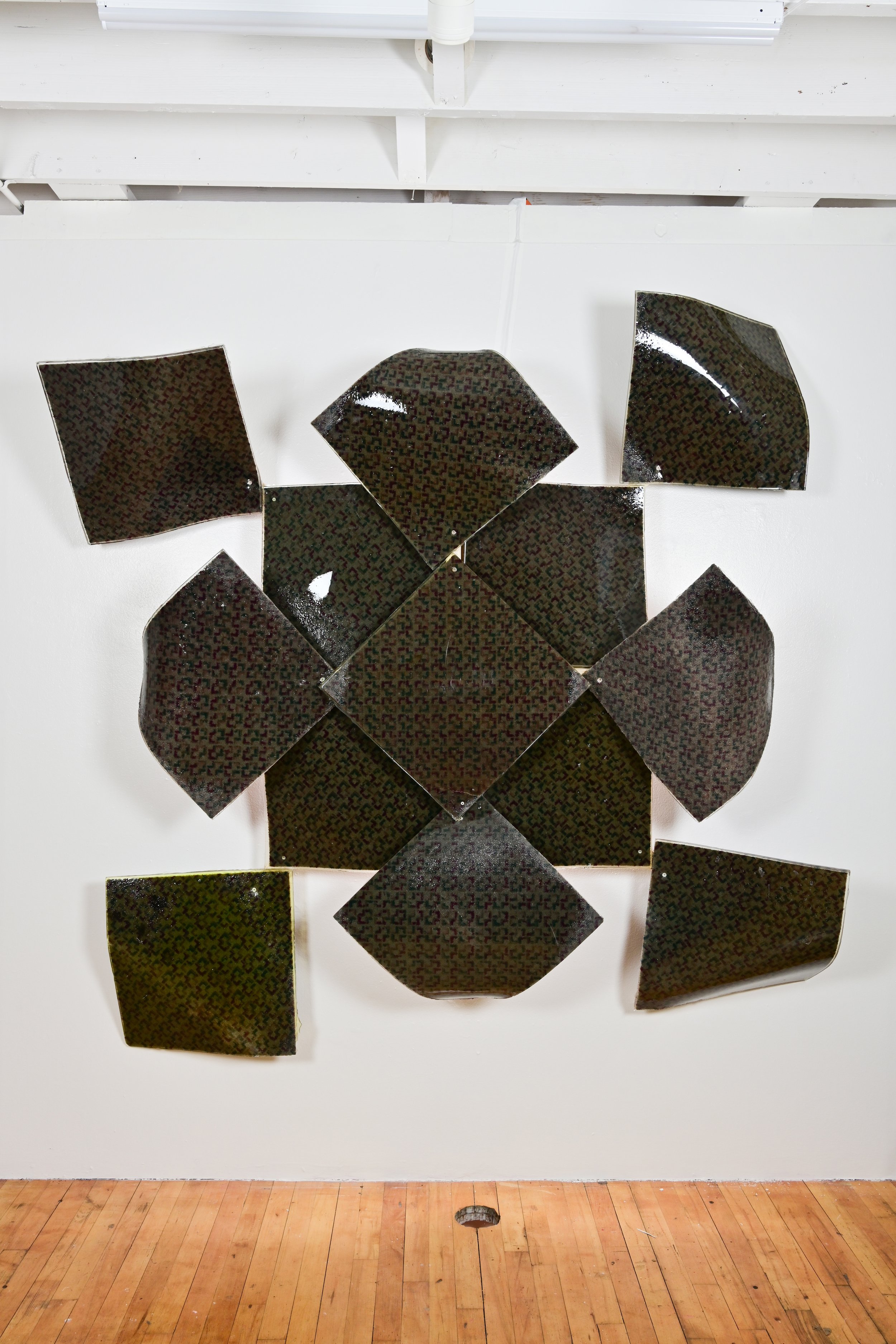 Clarity, impossibly slow/The Way of The Bear (2023), carpet, pine, resin, dust. 70" x 70" x 15".