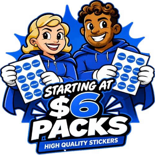 Advertisement featuring a smiling blonde woman and a smiling curly-haired man, each holding packs of stickers with blue and white logos, promoting sticker packs starting at $6, labeled as high quality.