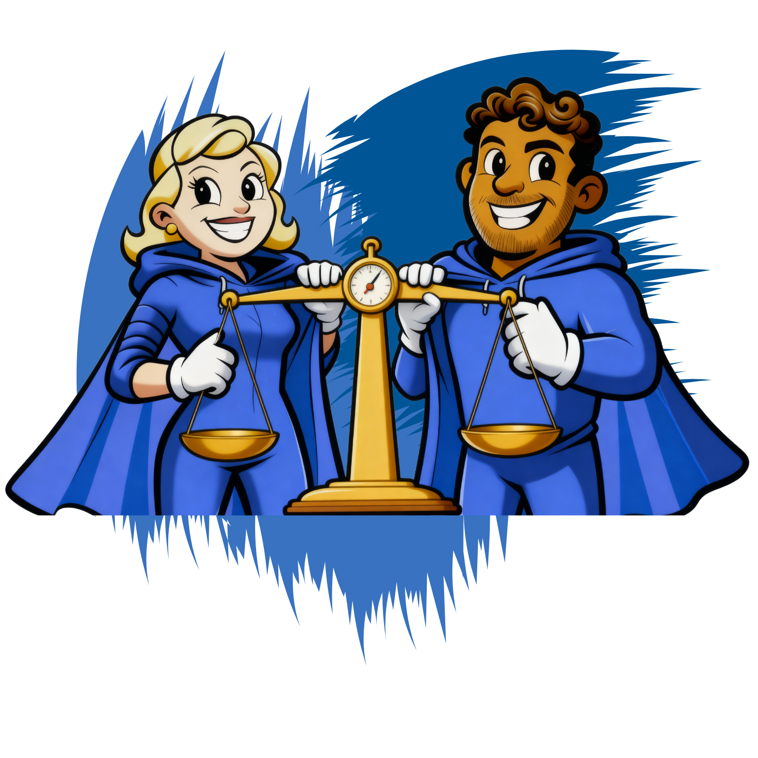 Cartoon illustration of a happy woman and man dressed as superheroes in blue capes and outfits, holding a balanced scale with a clock in the center symbolizing justice and fairness.