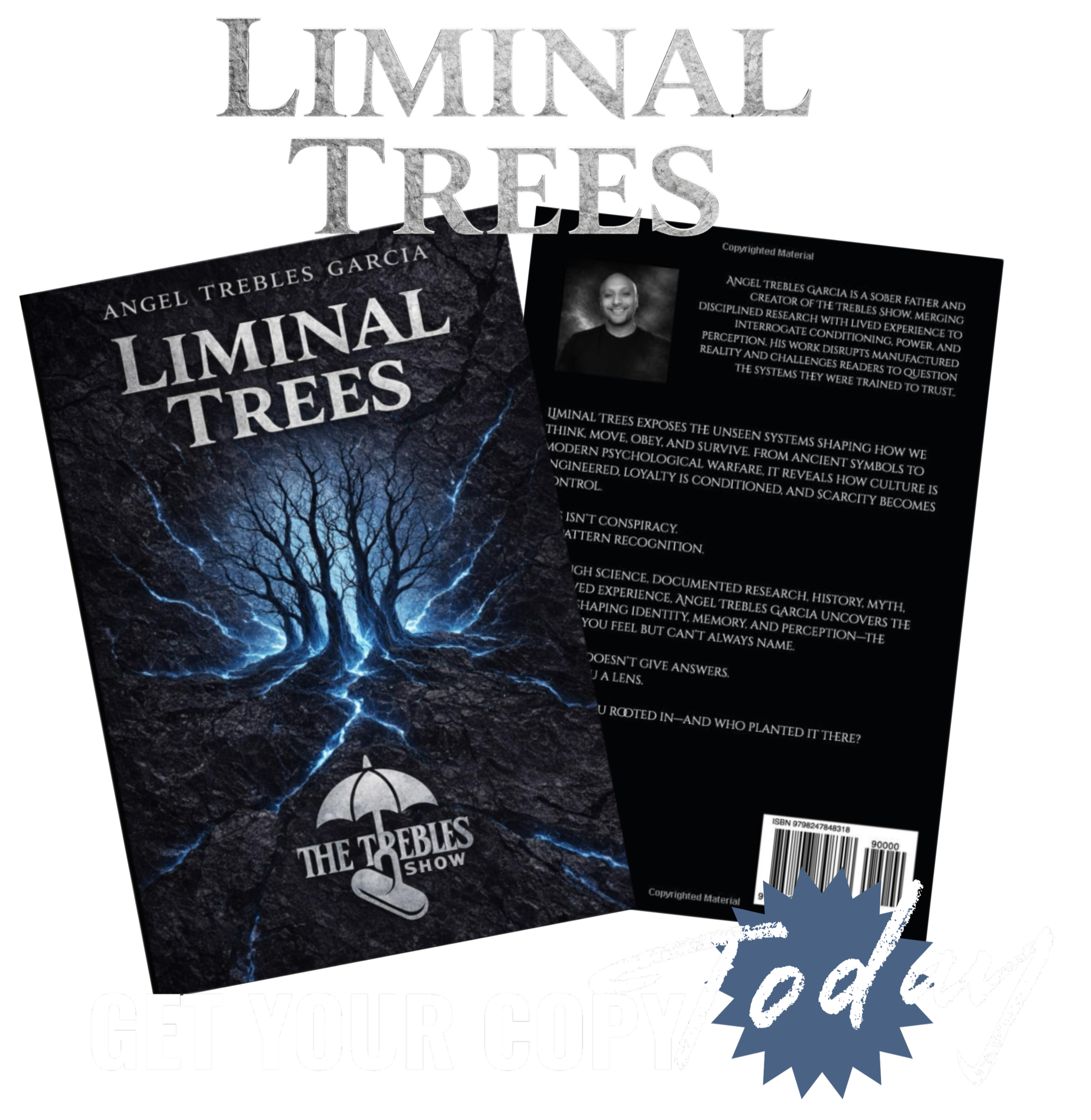 Book cover titled "Liminal Trees" by Angel Trebles Garcia showing a dark, leafless tree with lightning in the background.