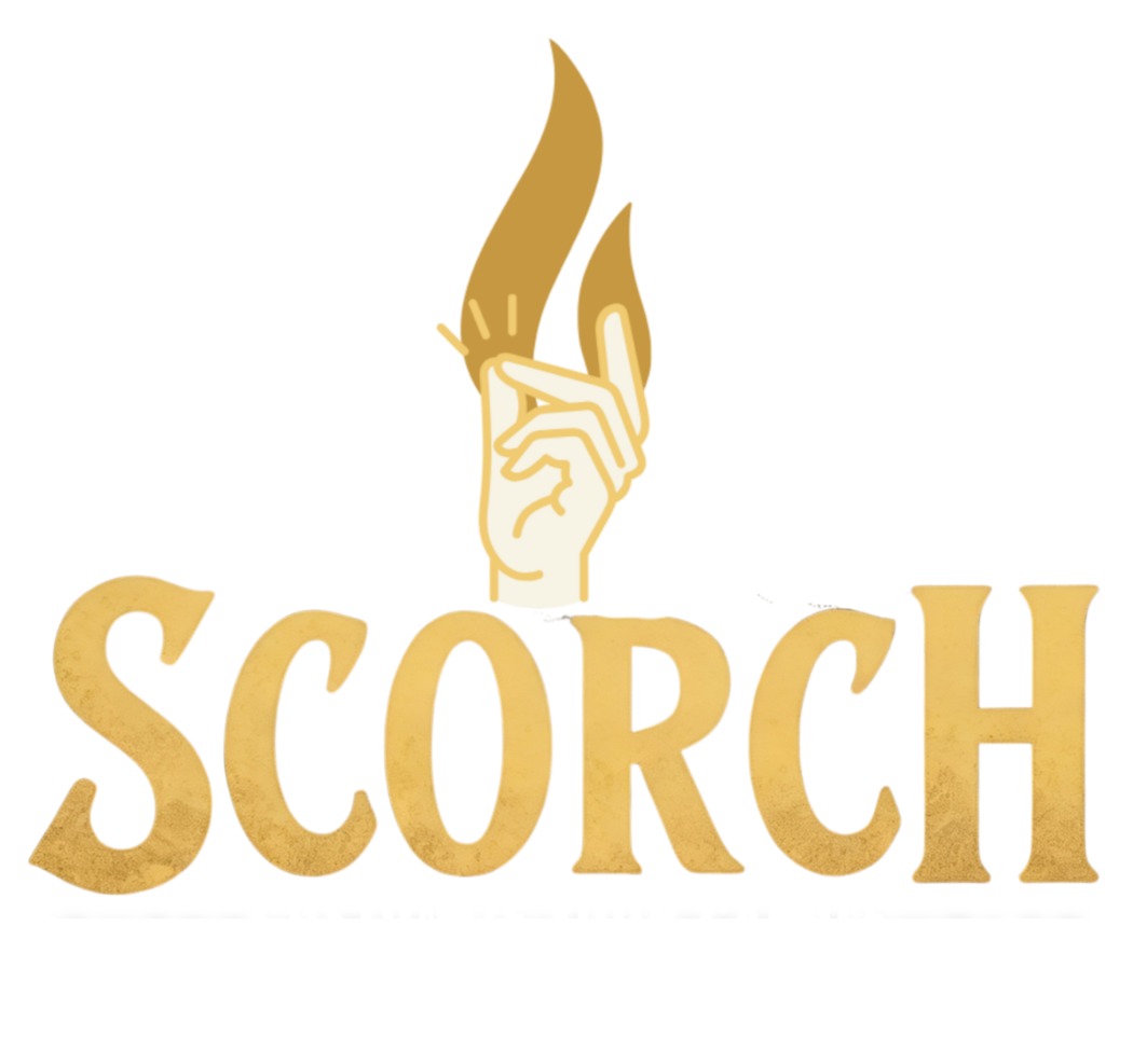 A logo with a hand holding a feather quill above the word "SCORCH" in gold letters, with a red, black, and white background.