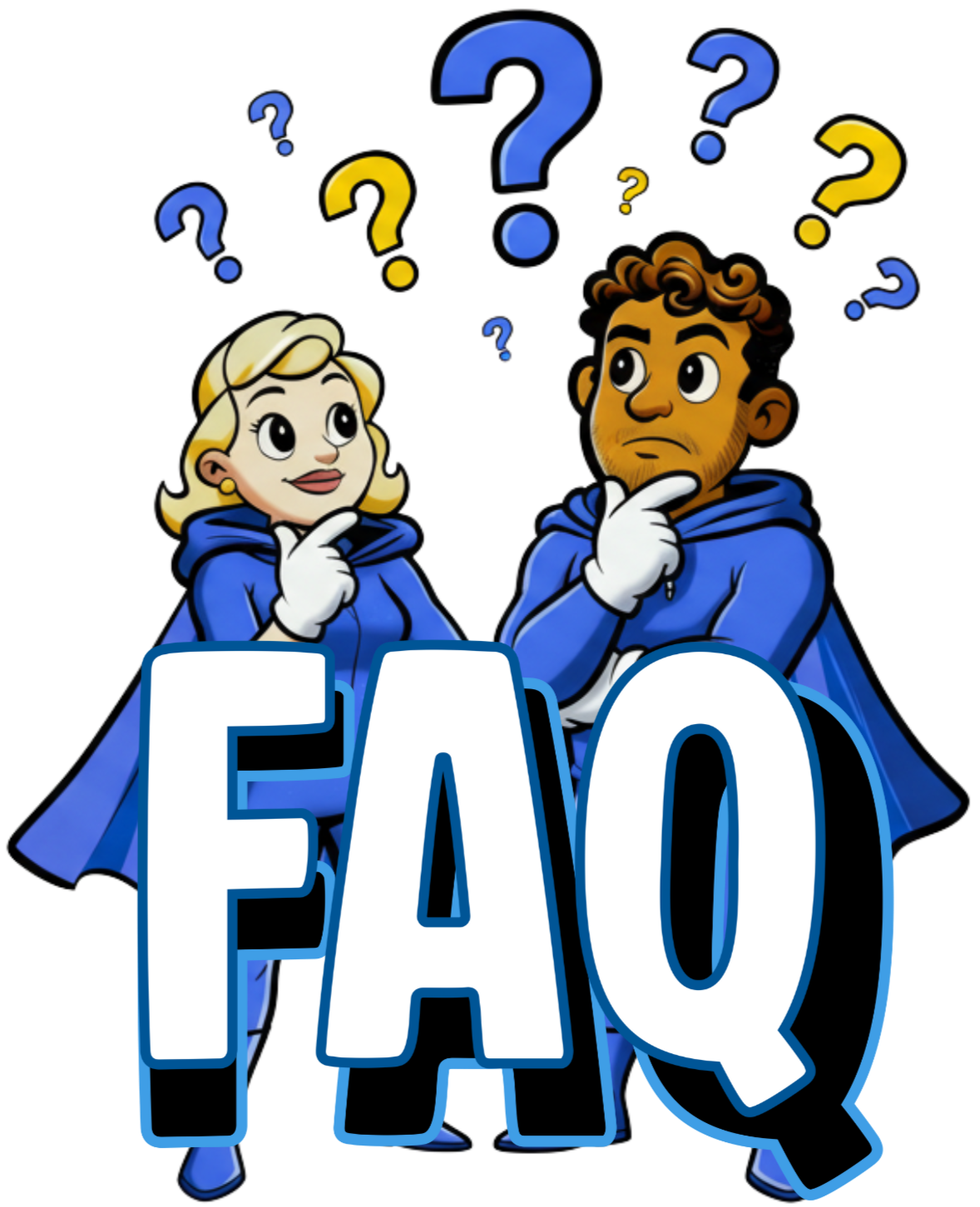 Illustration of a woman and man in blue hooded costumes thinking, with multiple question marks above their heads, and the large text 'FAQ' prominently displayed in front of them.