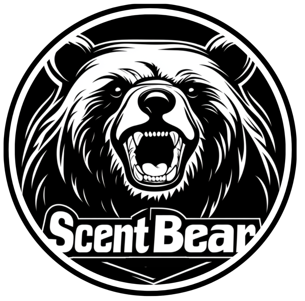 A black and white logo of a roaring bear's face with the words Scent Bear below.