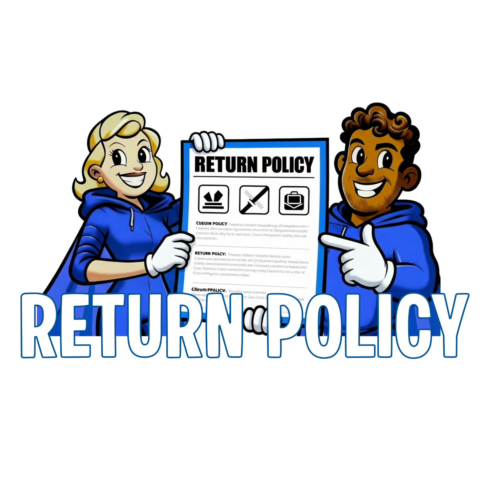 Cartoon characters, a woman and a man, smiling and holding a sign that reads 'Return Policy' with icons and text on it, wearing blue hoodies, with the words 'RETURN POLICY' in large blue letters at the bottom.