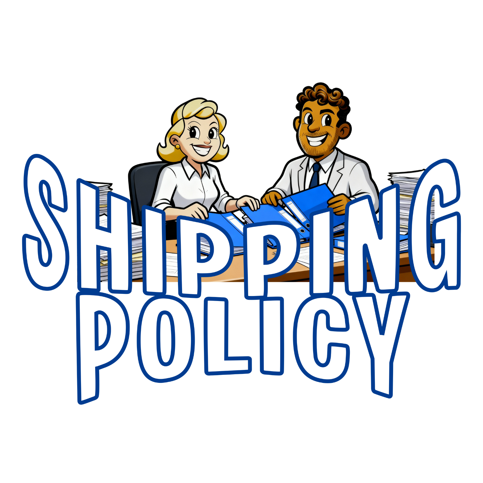 Cartoon illustration of a man and woman at a desk with paperwork, with the text 'Shipping Policy' in large blue letters.